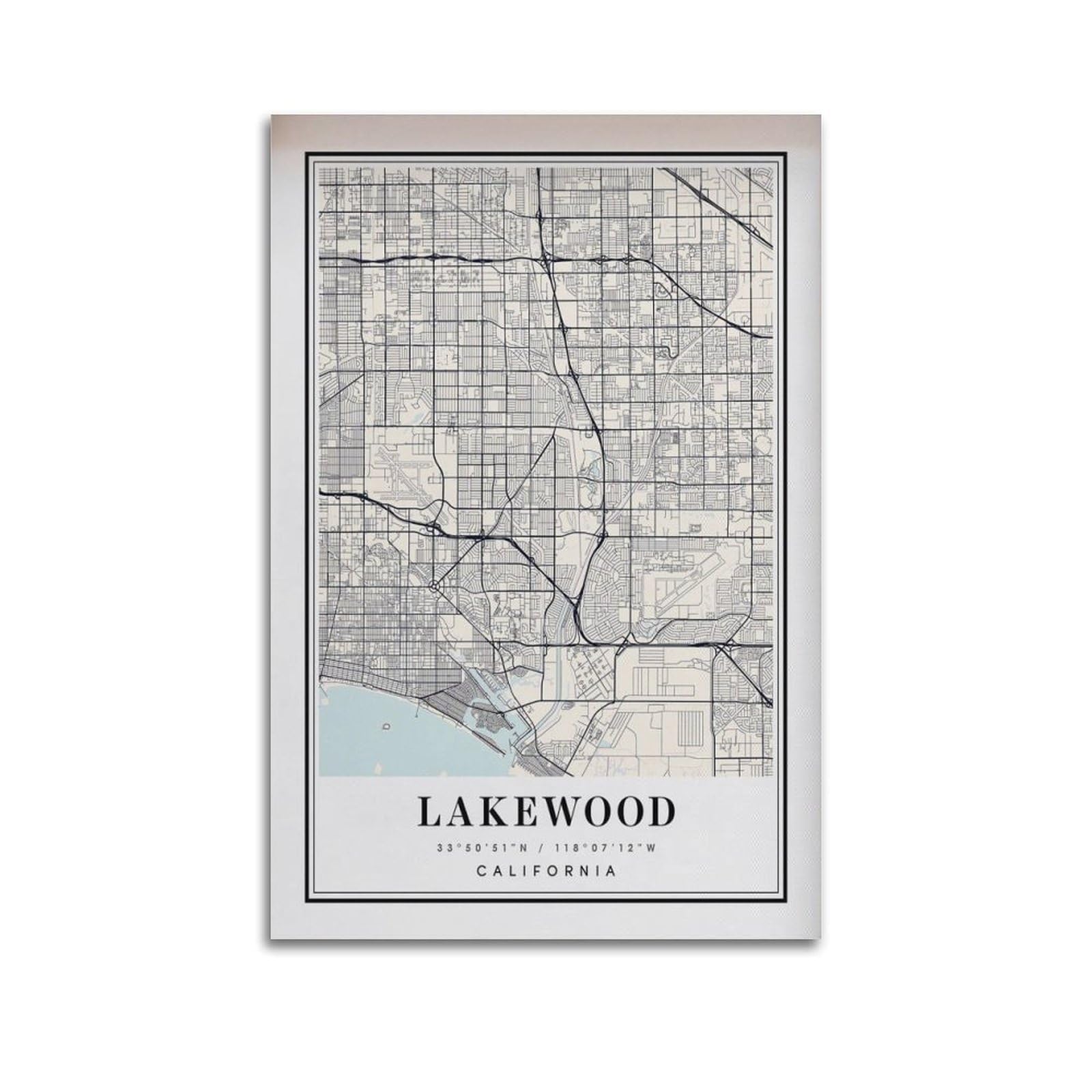 xiaoxiaoshen Lakewood CA Map Canvas Poster Wall Art Prints Room Aesthetic Murals Bedroom And Living Decorations 24x36inch(60x90cm)