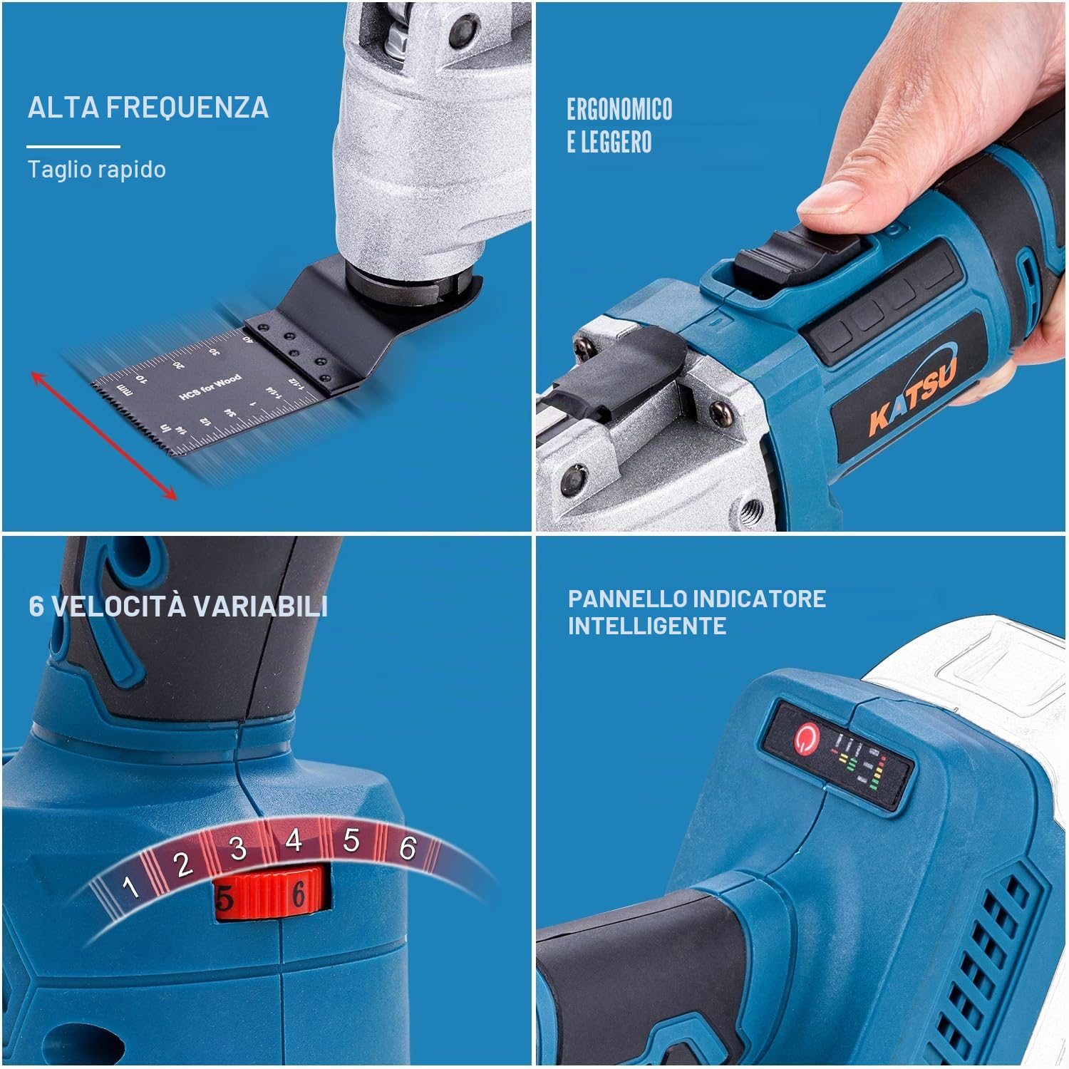KATSU FIT-BAT 21V Utensile Multifunzione Oscillante a Batteria Brushless Motore con 6 Velocità, Sistema di Cambio Rapido, per Raschiatura Taglio Lucidatura, senza Batteria e Caricabatteria