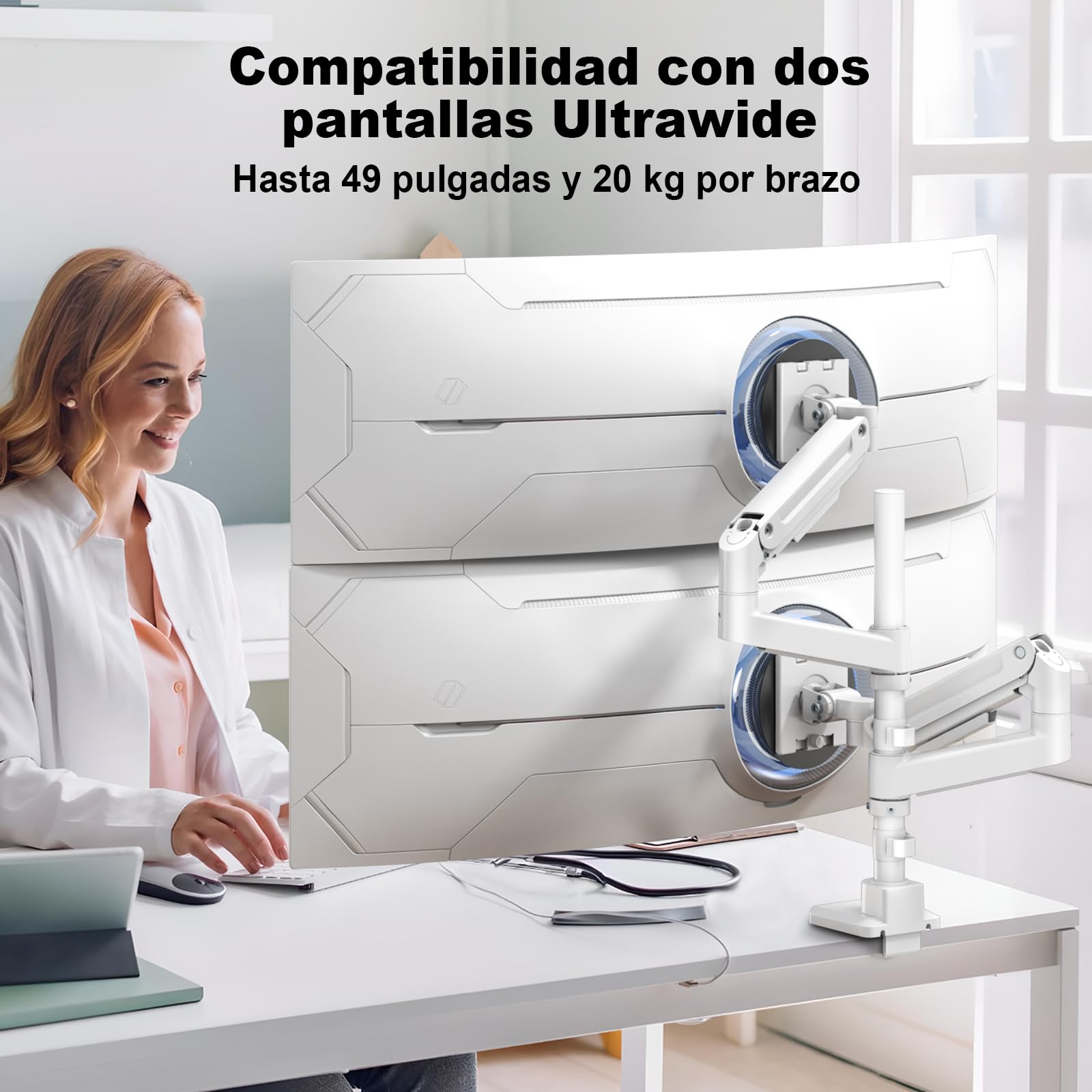Supporto per Monitor PUTORSEN per 2 Schermi da 17 a 49 Pollici - Fino a 20 kg per braccio, supporto extra-lungo regolabile in altezza e orientabile per un'ergonomia ottimale, VESA 75/100 mm.