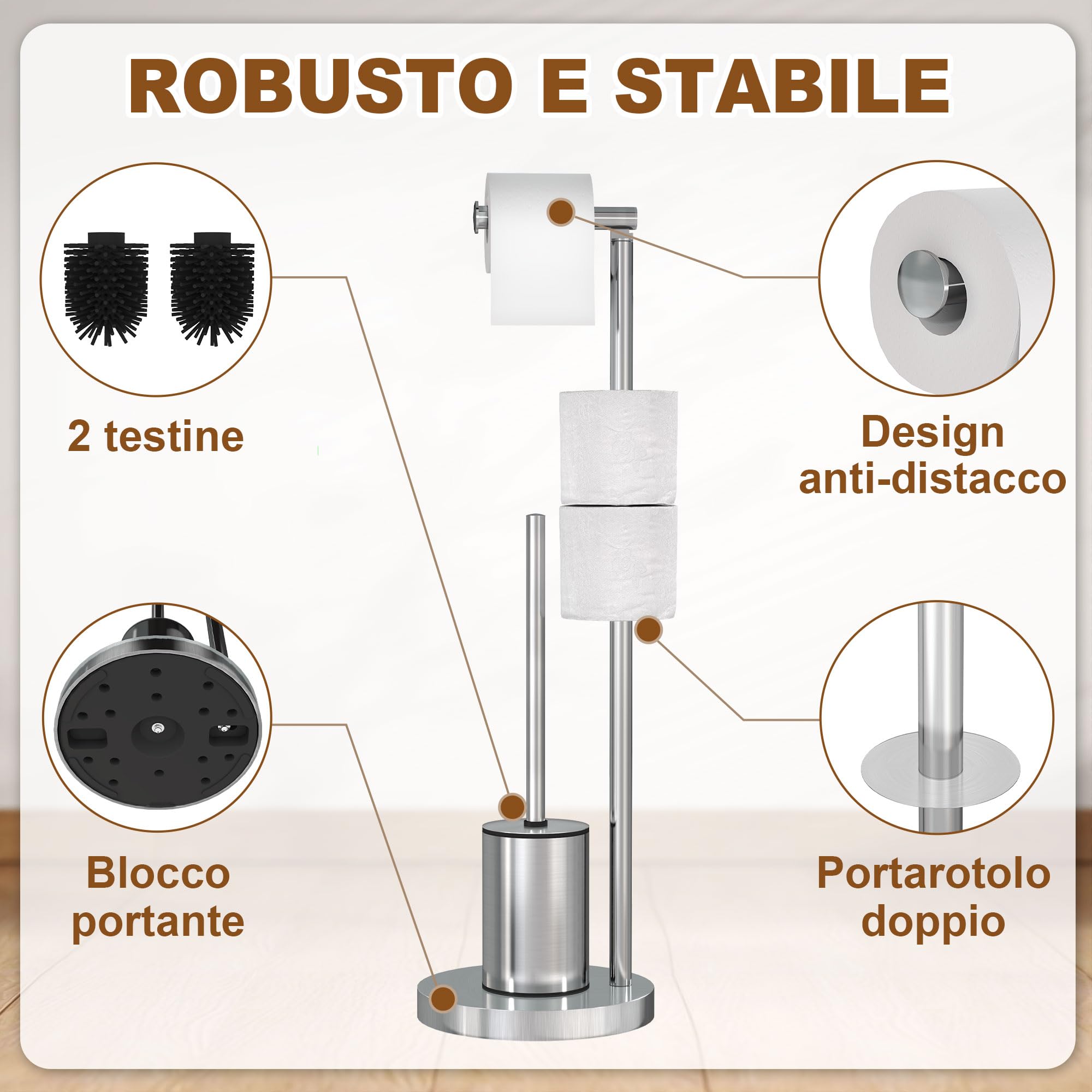 DIYGEEK Porta Carta Igienica da Terra con Scopino da Acciaio Inox | Piantana Portarotolo e Scopino per Bagno Argento Spazzolato con Base Zavorrata – Spazio per 2 Rotoli di Riserva, 70x21x21 cm