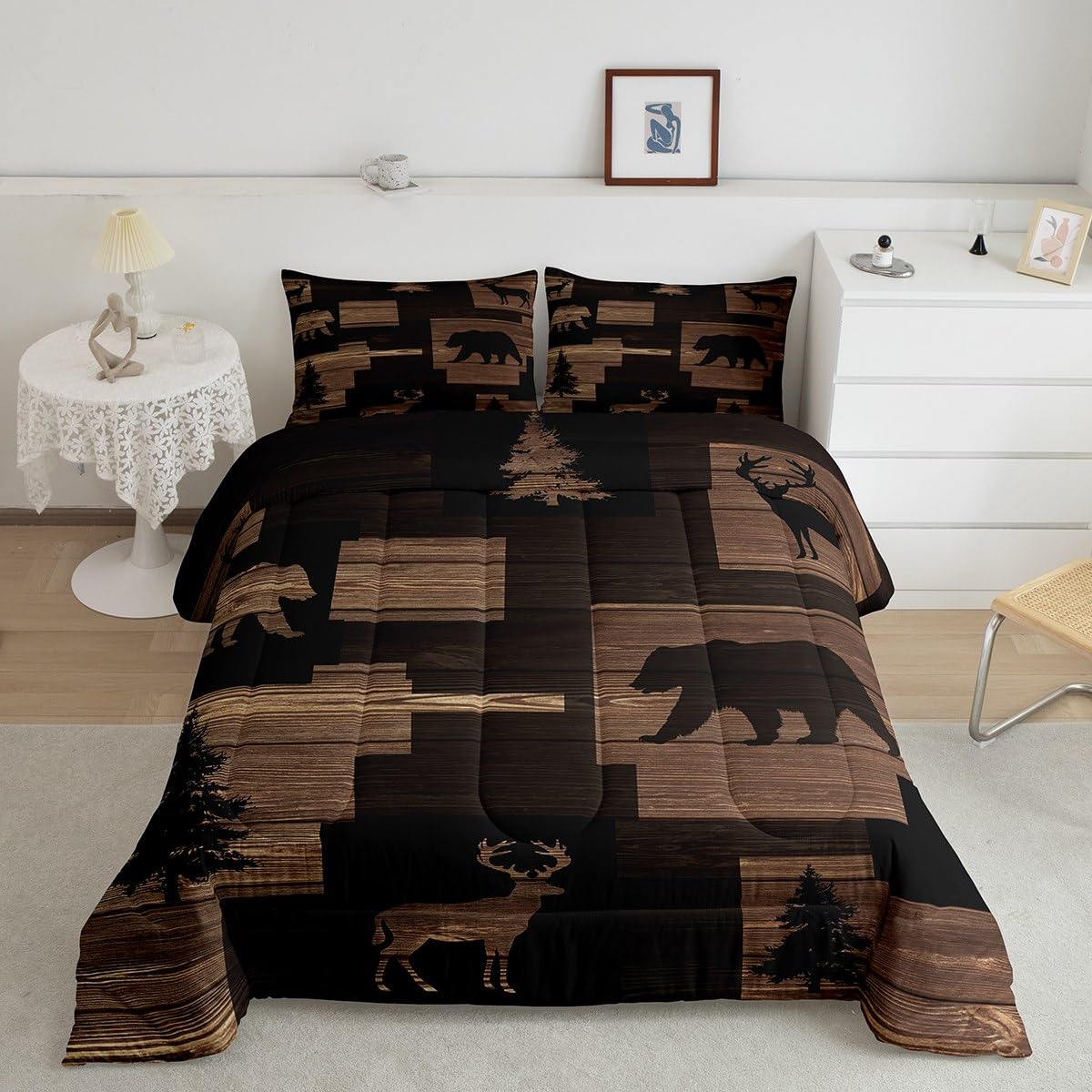 Erosebridal Rustic Bear Comforter Sets for Teens Youth,Lodge Elk Moose Bedding Set Twin,Cabin Hunting Animal Buffalo Plaid Check Quilt,Vintage Wooden Farmhouse Down Comforter with 1 Pillowcase