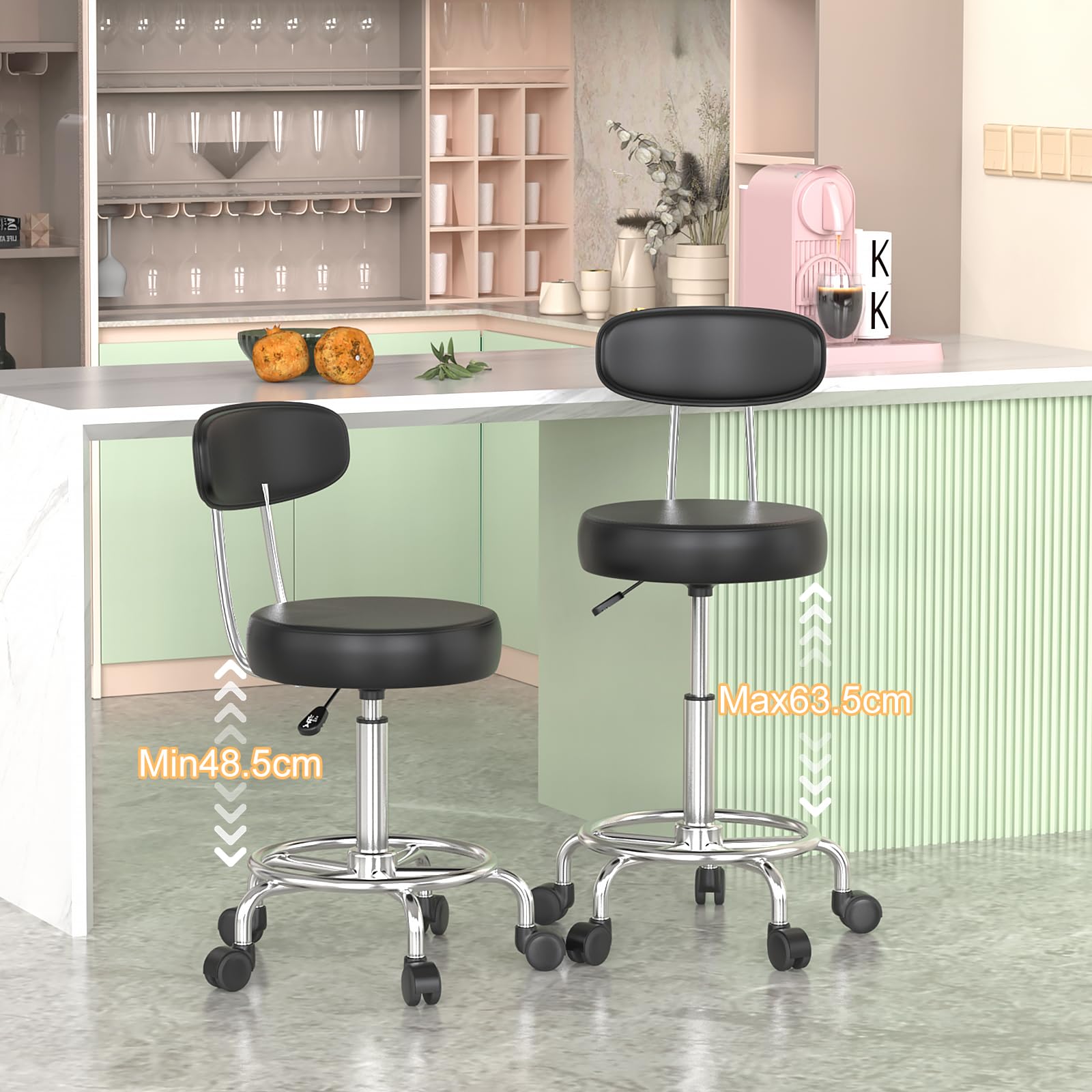 Set di 2 Sgabello da ufficio, sgabello girevole a 360°, con 5 Rotelle e Schienale, schienale altezza regolabile 73-89 cm, per salone di massaggio, ufficio, clinica,Nero