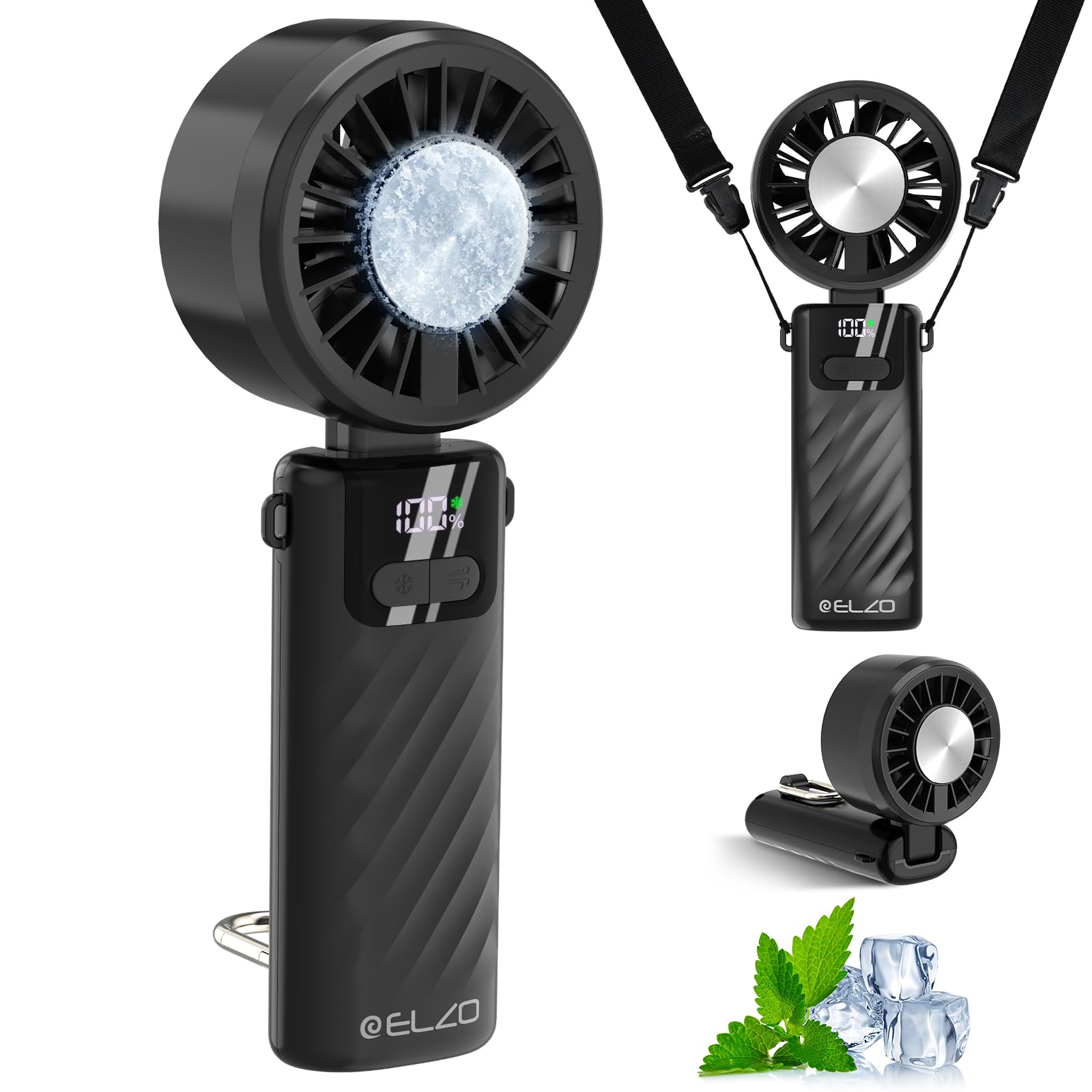 ELZO Tragbarer Turbo Handventilator mit Kühlfunktion,5000mAh Aufladbar 4 in 1 mini Ventilatoren,24H max Kühlzeit, Geschwindigkeit (1-100), mit LED-Anzeige, für Reisen Zuhause Büro (Schwarz)