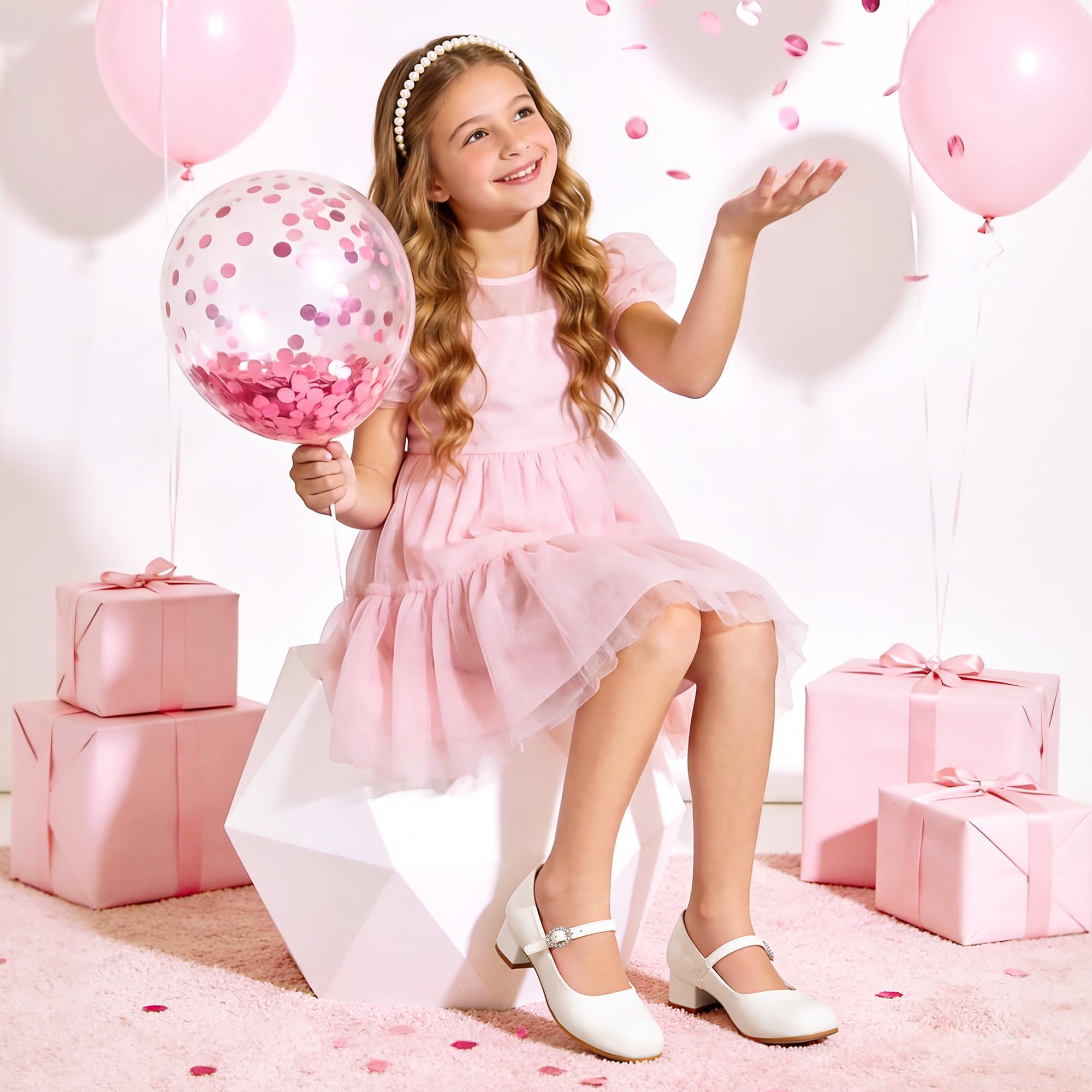 DREAM PAIRS Zapatos de Vestir para Niñas Mary Jane con Tacones Bajos Bombas de Flores para Bodas y Fiestas de Prom para Niños/Adolescentes