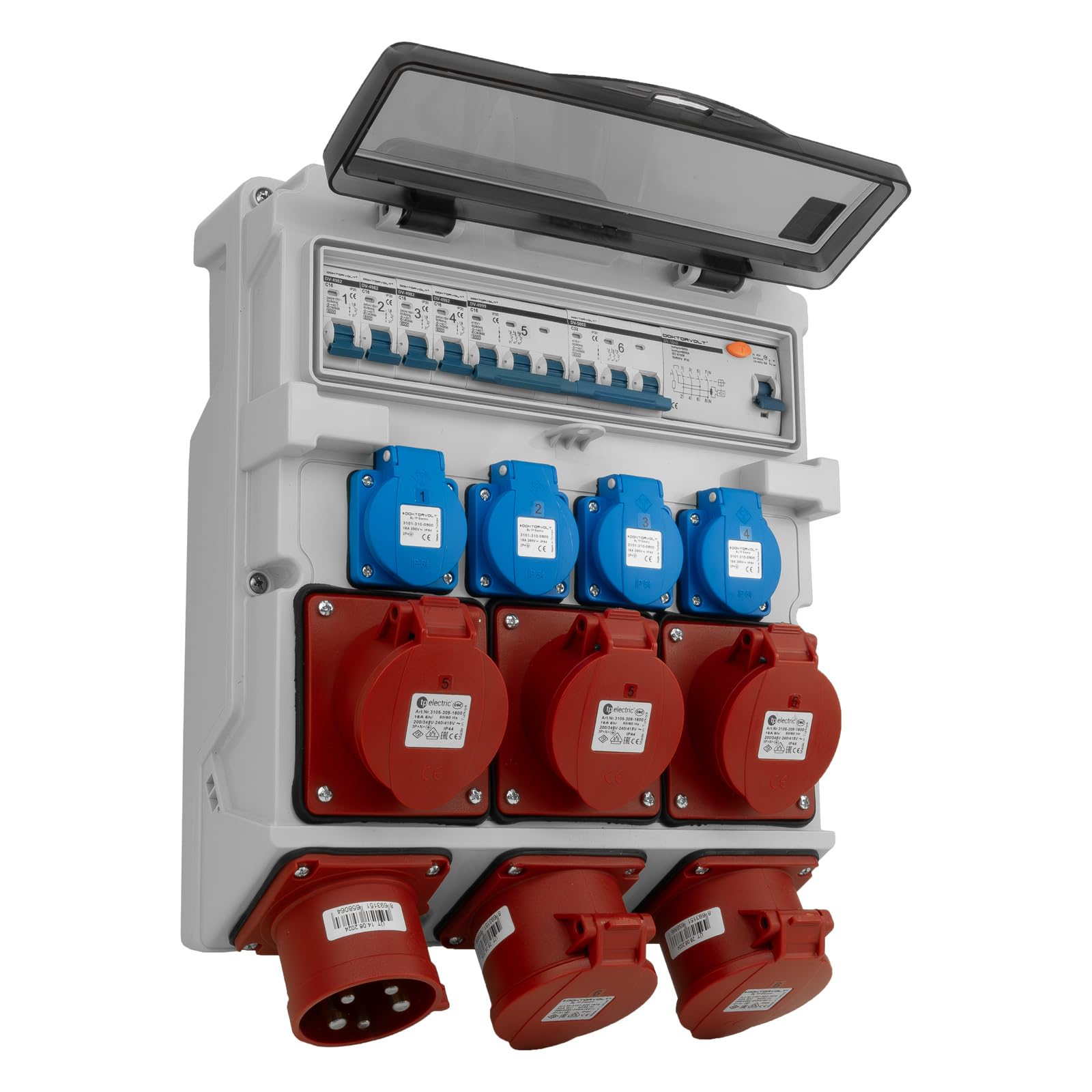 Doktorvolt Stromverteiler Baustromverteiler 3x16A 2x32A CEE 4x230V mit Handgriff und Anbaustecker DV-5053-D TR-S/FI