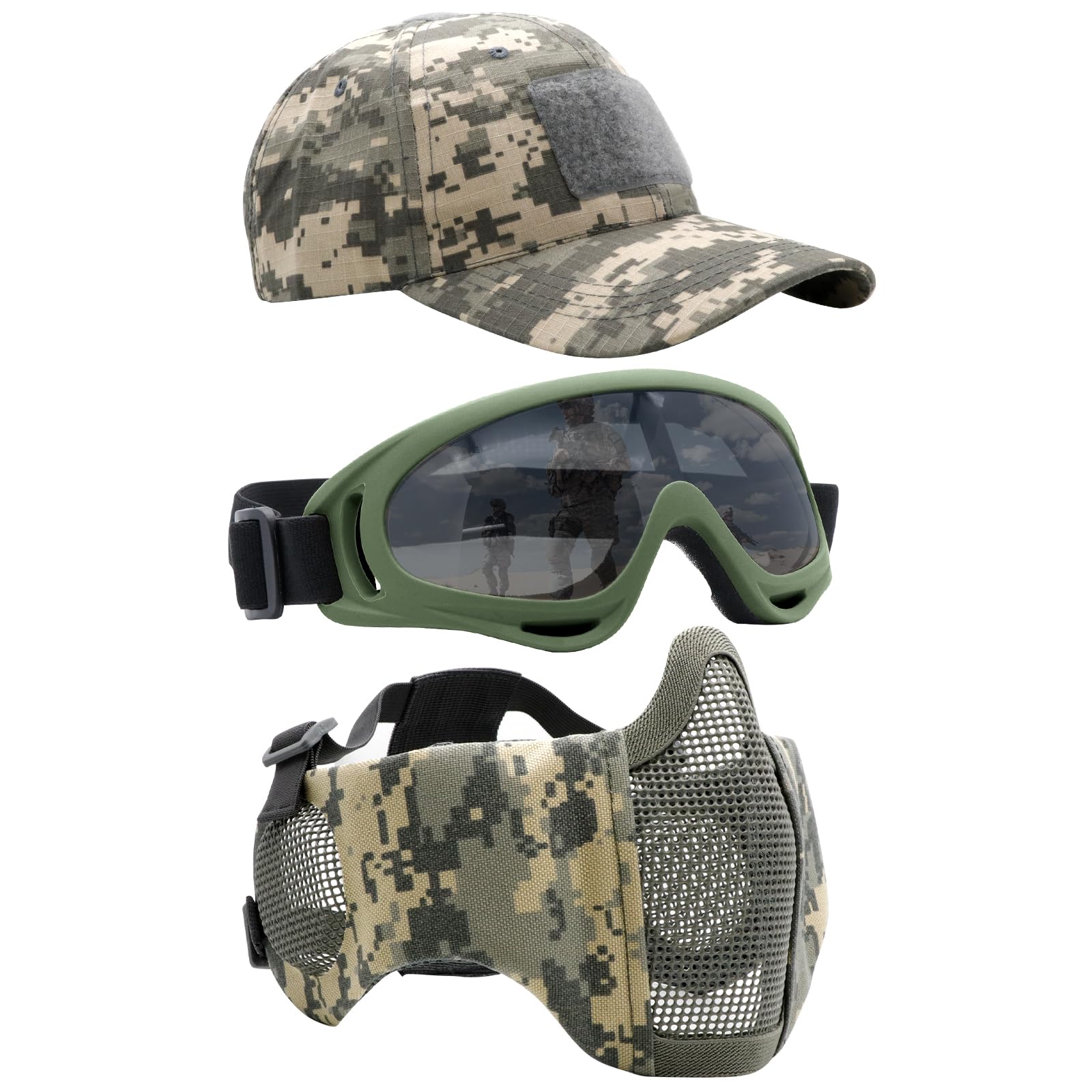 Maschera Airsoft con occhiali, pieghevole mezza faccia Airsoft Mesh Mask con protezione per le orecchie per Paintball Shooting Cosplay CS Game