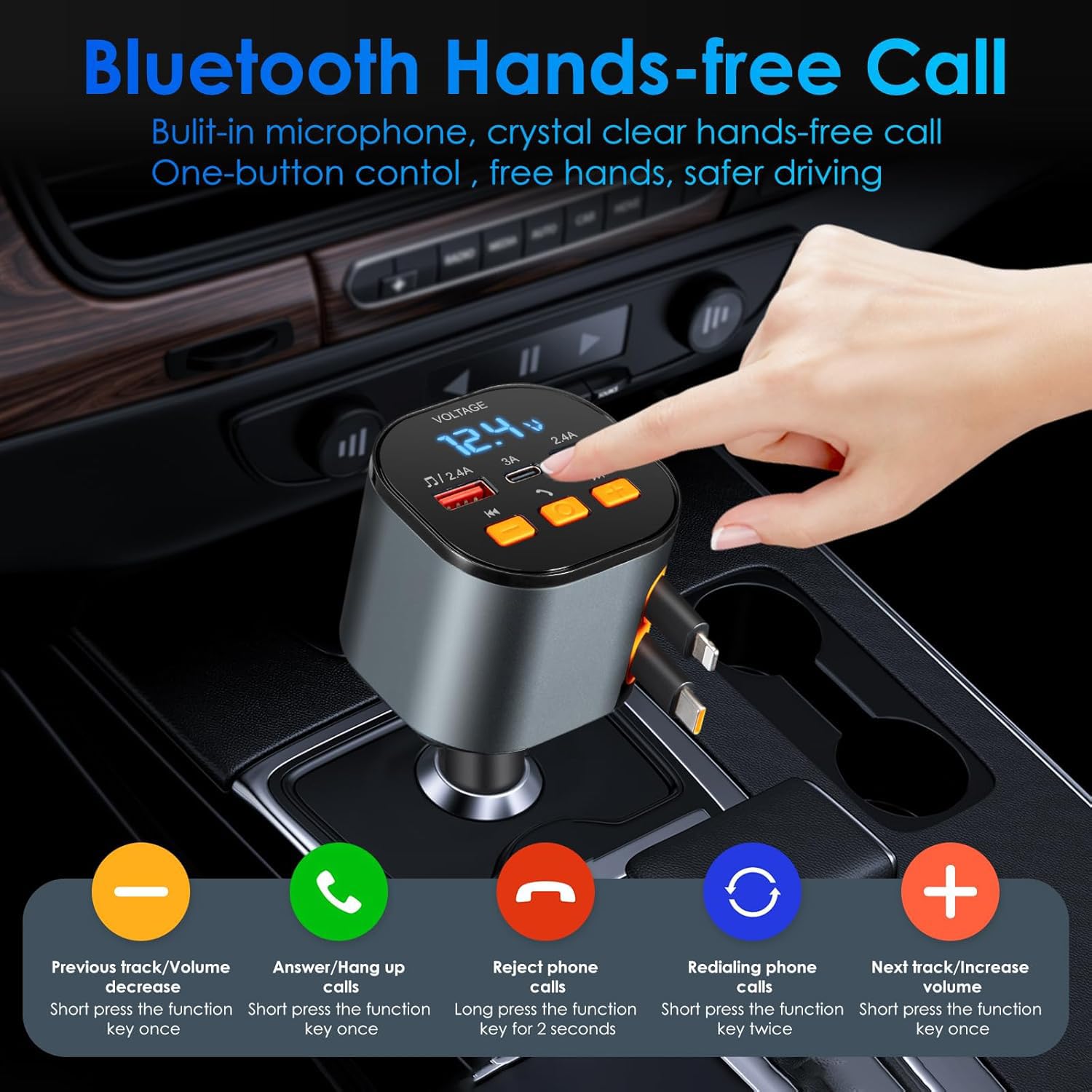 Einziehbares Autoladegerät, 5 in 1 Schnellladegerät, 90W Schnellladegerät, Bluetooth 5.3 FM Transmitter Adapter, Freisprechen, 2 einziehbare Kabel und USB-Ladegeräte für iPhone 15/14/13
