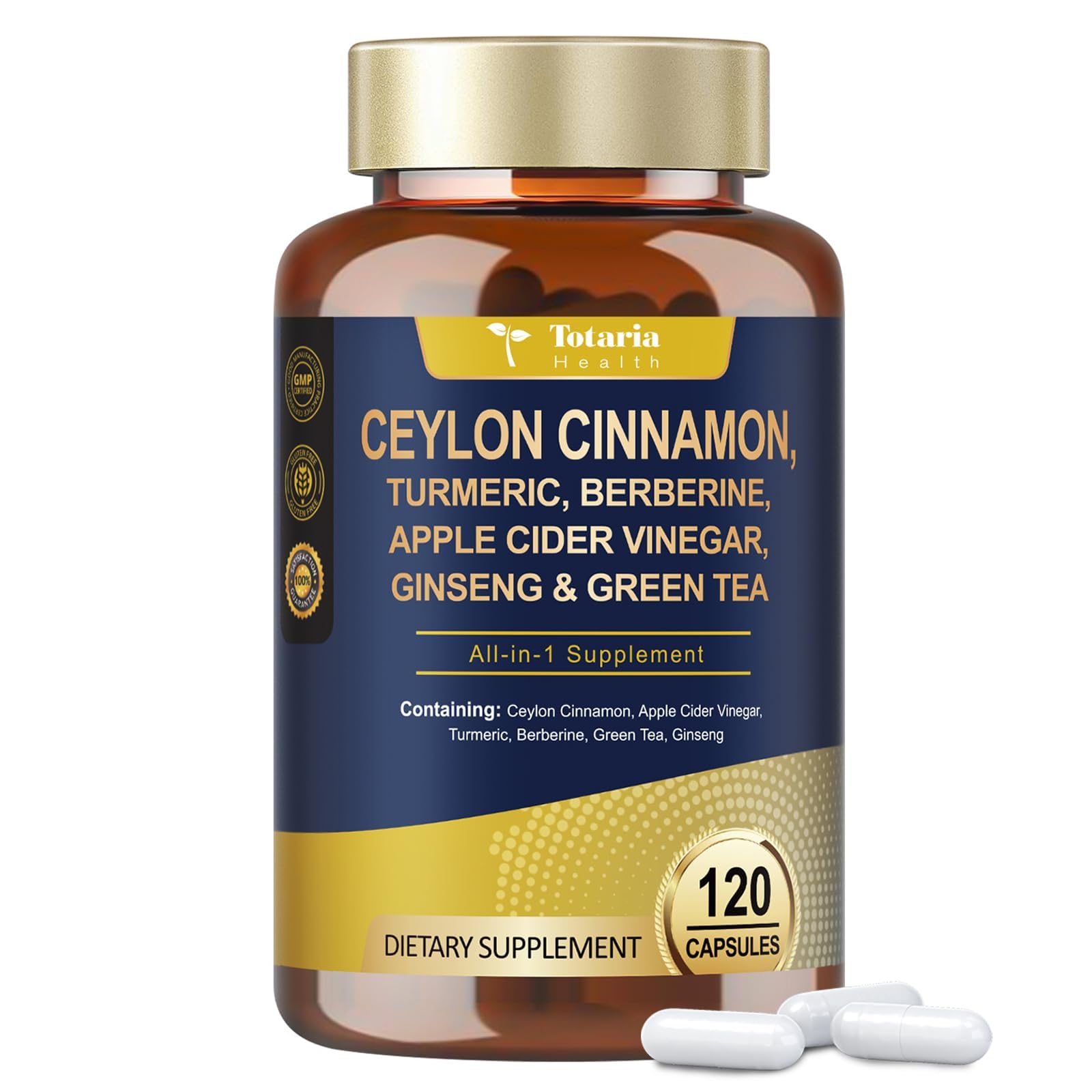 Totaria 18-in-1 Organic Ceylon Cinnamon Capsules with Berberine, Ceylon Cinnamon Supplement w/Apple Cider Vinegar Turmeric Bitter Melon Milk Thistle, for Metabolism, Energy, Heart*, 120 Counts 120 Count (Pack of 1)
