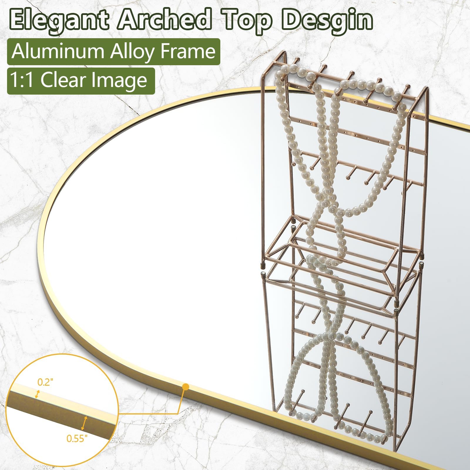 Dewfig Espejo arqueado de longitud completa, 65 x 22 pulgadas, espejo de pie dorado con soporte, estilo clásico moderno, vidrio HD inastillable, 71 x 30 pulgadas