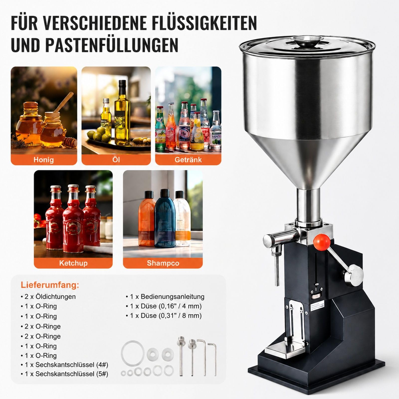 Manuelle Abfüllmaschine für Flüssigkeiten und Pasten, verstellbarer Flaschenfüller mit Trichter, Edelstahl, für Milch, Wasser, Saft, ätherisches Öl, Shampoo, Honig, Kosmetikcreme