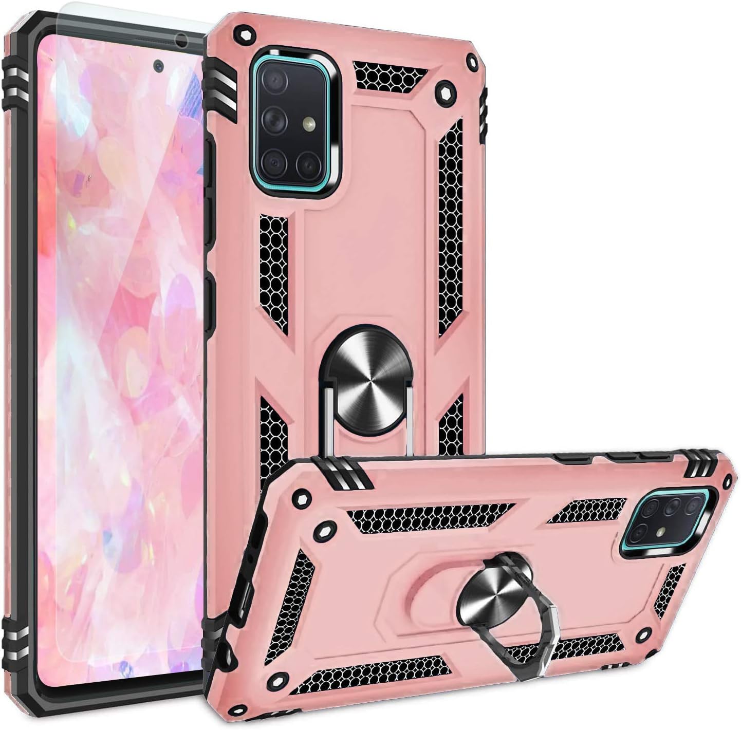 TJS Compatible with Samsung Galaxy A51 4G Case (Not Fit Galaxy A51 5G), with Tempered Glass Screen Protector Defender Metal Ring Magnetic Support Kickstand Heavy Duty Protector Phone Case (Rose Gold)
