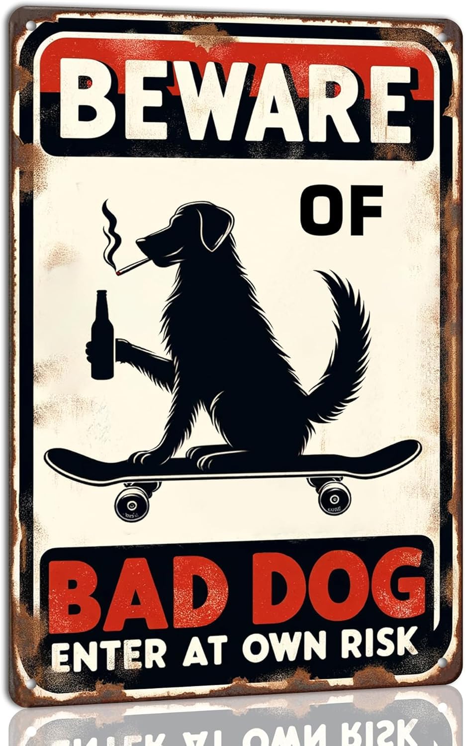 SMAZDFXX Enter at Own Risk Beware of Bad Dog Warning Metal Tin Sign Funny Retro Vintage Wall Art Farmhouse Dog Decor Plaque for Dog Lover 5.5"x8"
