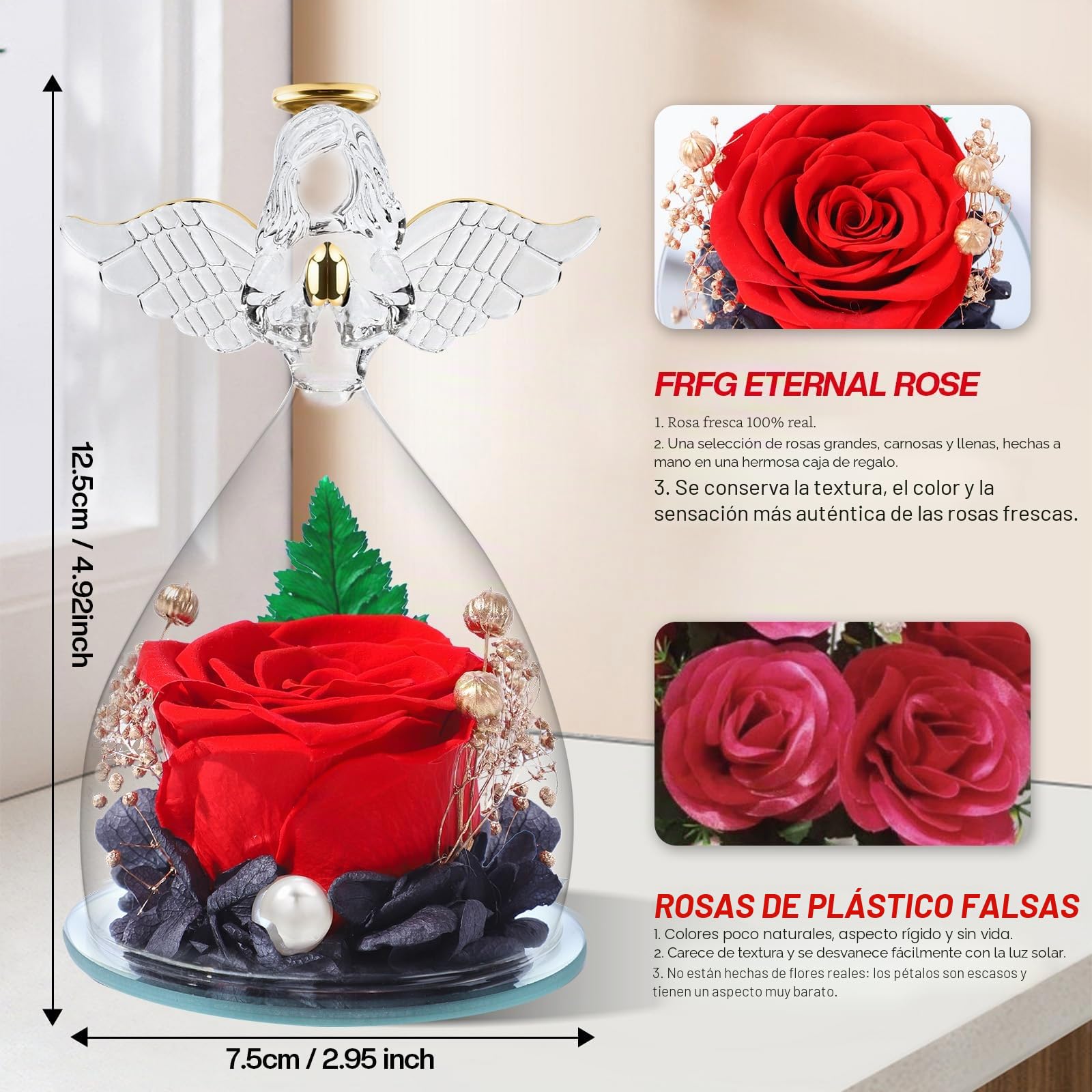 Regalos de Angel Rosa Eterno para Mujeres, Regalos Originales para Madres, Rosas Preservadas en Figuras de Angel de Vidrio, Angeles de Flores para Mamá, Abuela, Esposa, Hermana, Novia (Rojo)
