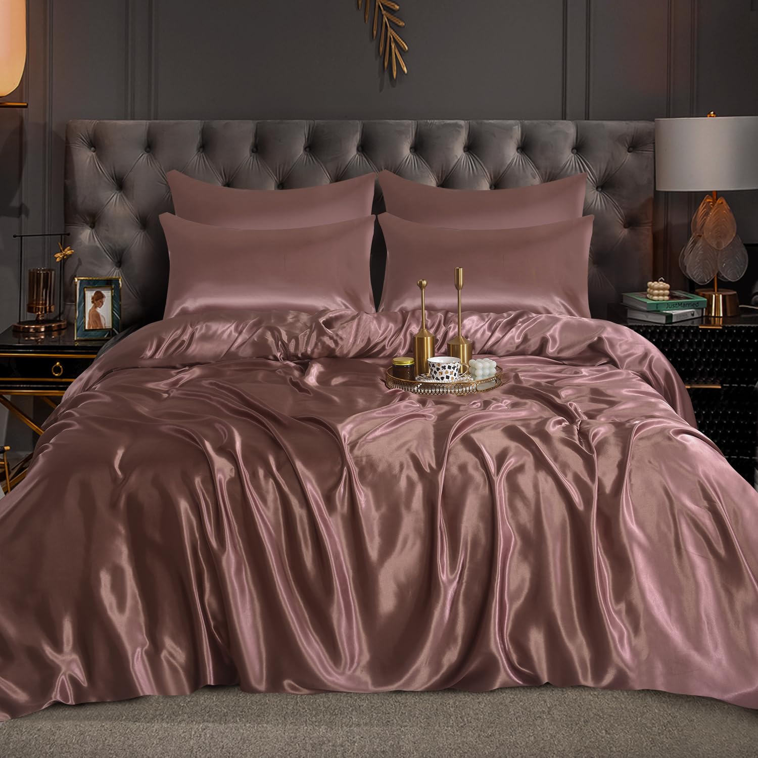 XXR Mink Satin Silk Complete Bedding Set Duvet Cover Fitted Sheet 4 Pillow Cases 6 Pcs (Mink, Single)