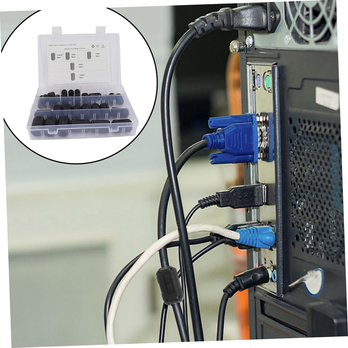 Amosfun 36 Pezzi Filtri Antirumore Nucleo di Ferrite, Clip a Scatto per Cavi Usb, Telefonici e Satellitari, Accessori Elettronici per Auto Riduzione Interferenze Elettromagnetiche