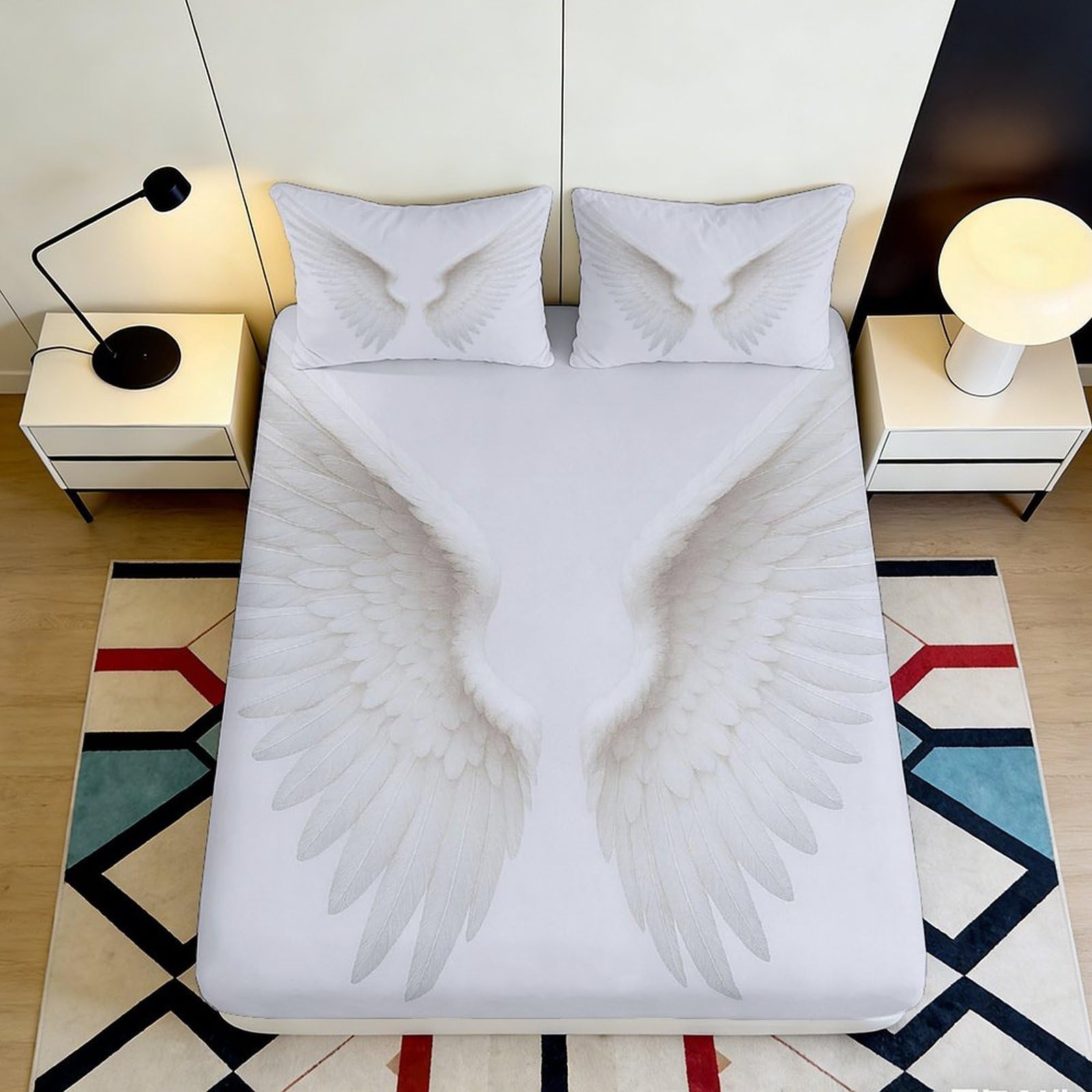 Pnayamiorkfel Style-3 3D Printed Angel Wings Fitted Sheet Microfiber Soft White Feather Bed Cover Bedroom Decor Mattress Protection 90X200x25cm