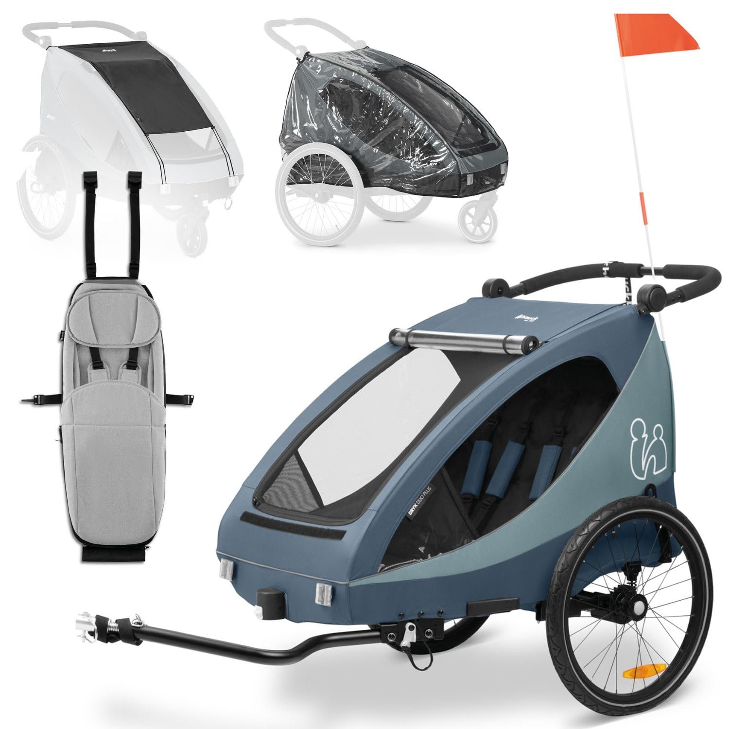 Hauck Dryk Duo Plus Set – Fahrradanhänger inkl. Baby Lounger, Sonnensegel & Regenschutz – für 2 Kinder, faltbar, gefedert & mit Kinderwagen-Funktion