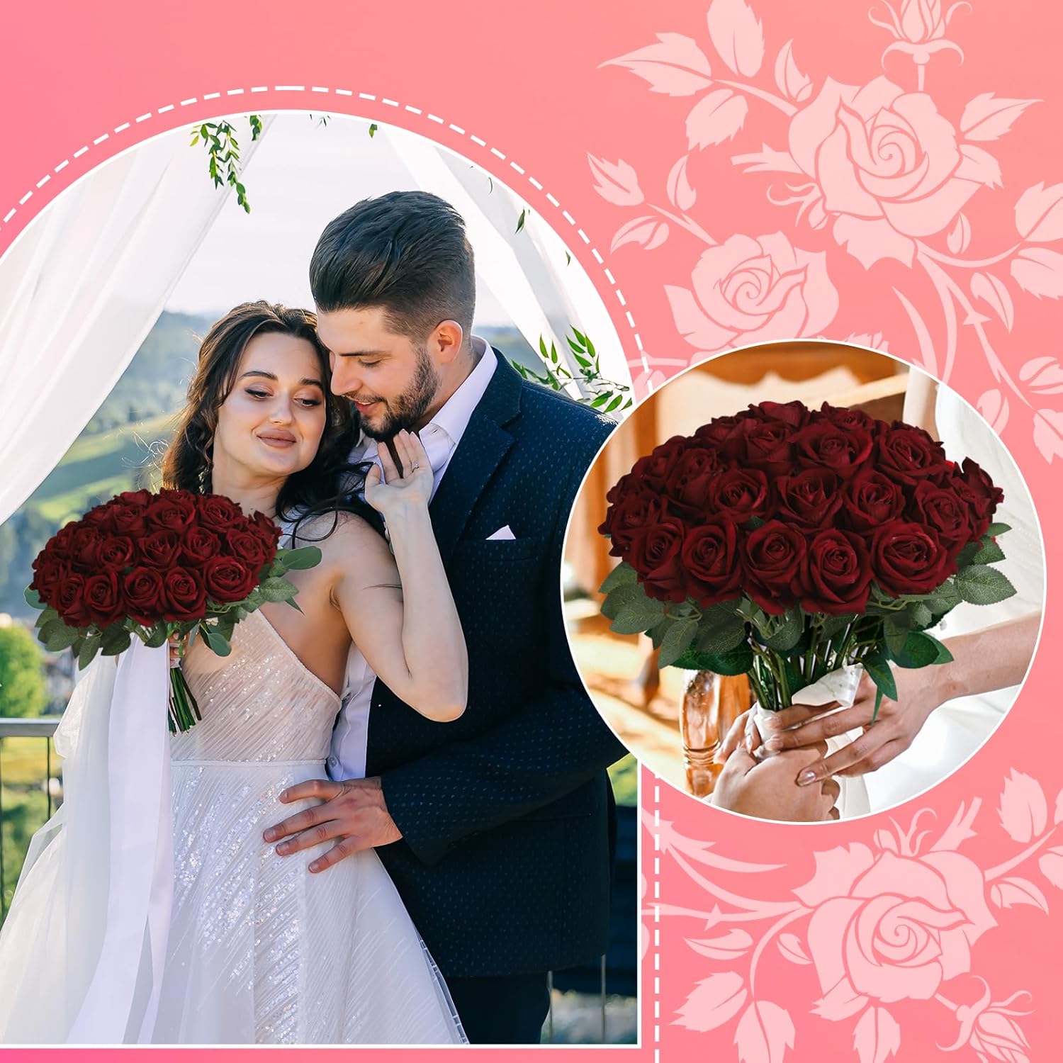 30pcs Fake Roses Artificial Silk Flowers Long Stems Bouquet for Wedding Bridal Shower Party Home Decoration (Wine Red) - Image 5