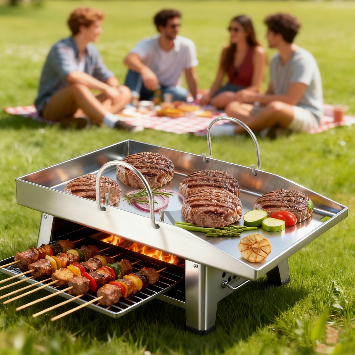 30×4×40cm Plancha Plaque de Cuisson avec 2 Spatules, Plaque de Cuisson en Acier Inoxydable avec Poignée Amovible, Plaque Plancha pour Barbecue Gaz pour Barbecue à Gaz et Barbecue à Charbon