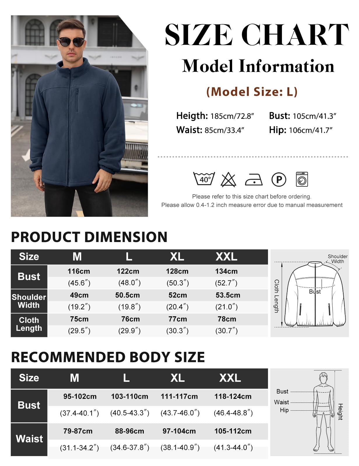 Voqeen Chaqueta de Invierno Forro Polar para Hombre Sudadera Termica con Cremallera Bolsillos sin Capucha Abrigo Cálida Cuello Alto para Senderismo Chaquetas Calefactable Al Aire Libre Trekking