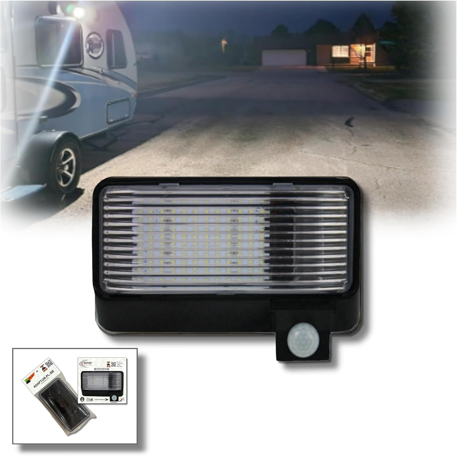 MG1000-450B-SB, RV Motion Security Light, 12 Volt, Exterior Motion Sensor, Bright LED Porch Utility Flood Light, Battery Monitoring Sensor, Adjustable Sensitivity and EMI Suppression