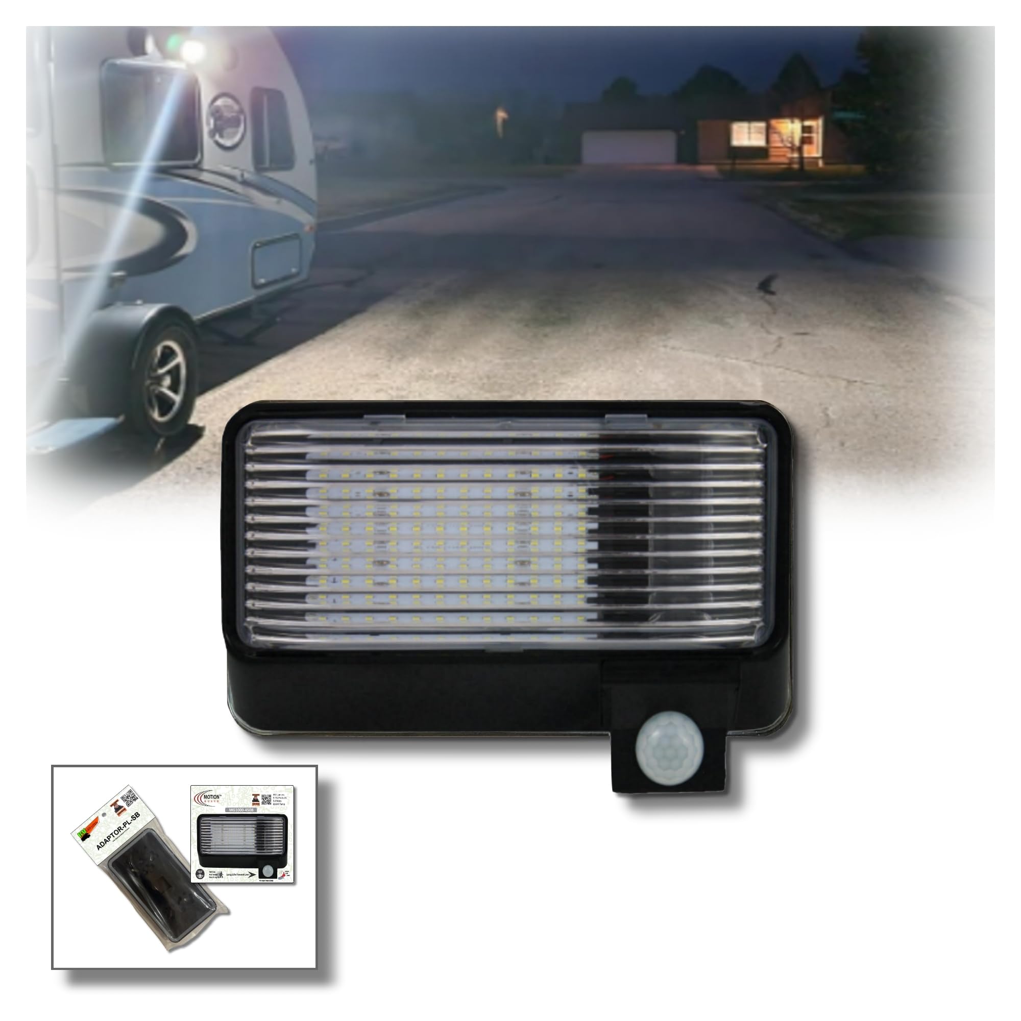 MG1000-450B-SB RV LED Motion Sensor Porch Light, 450 Lumens, No-Drill SB Adaptor Plate Retrofit, Intela-Sensor Battery Monitoring, EMI Suppressed Security Fixture - Black