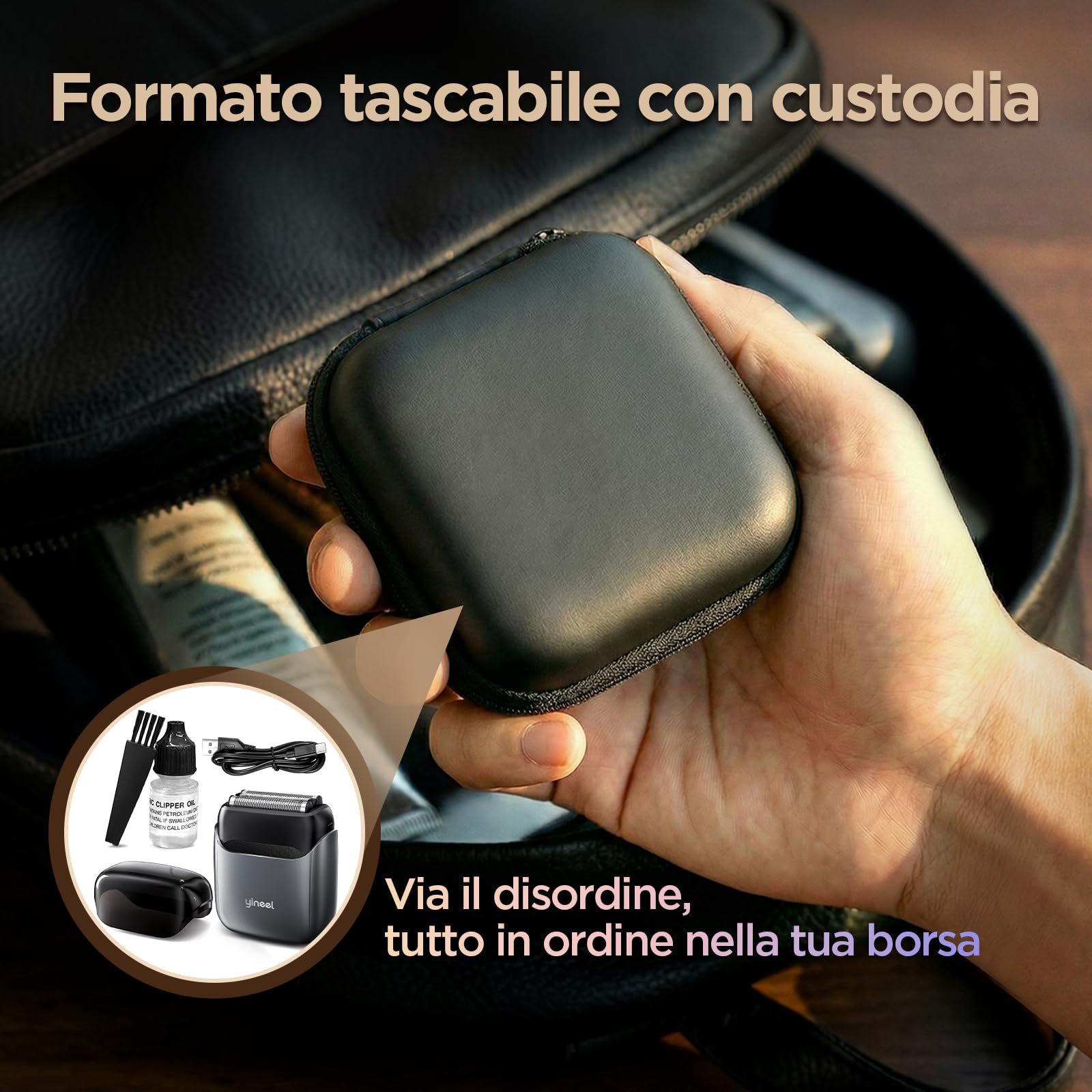 Yineel VT100 Rasoio Elettrico Uomo, Mini Rasoio a Lamelle con 3 Testine Flottanti, Impermeabile IPX7, Type-C Ricarica, Compatto e Portatile, con Custodia, Regalo per Uomo