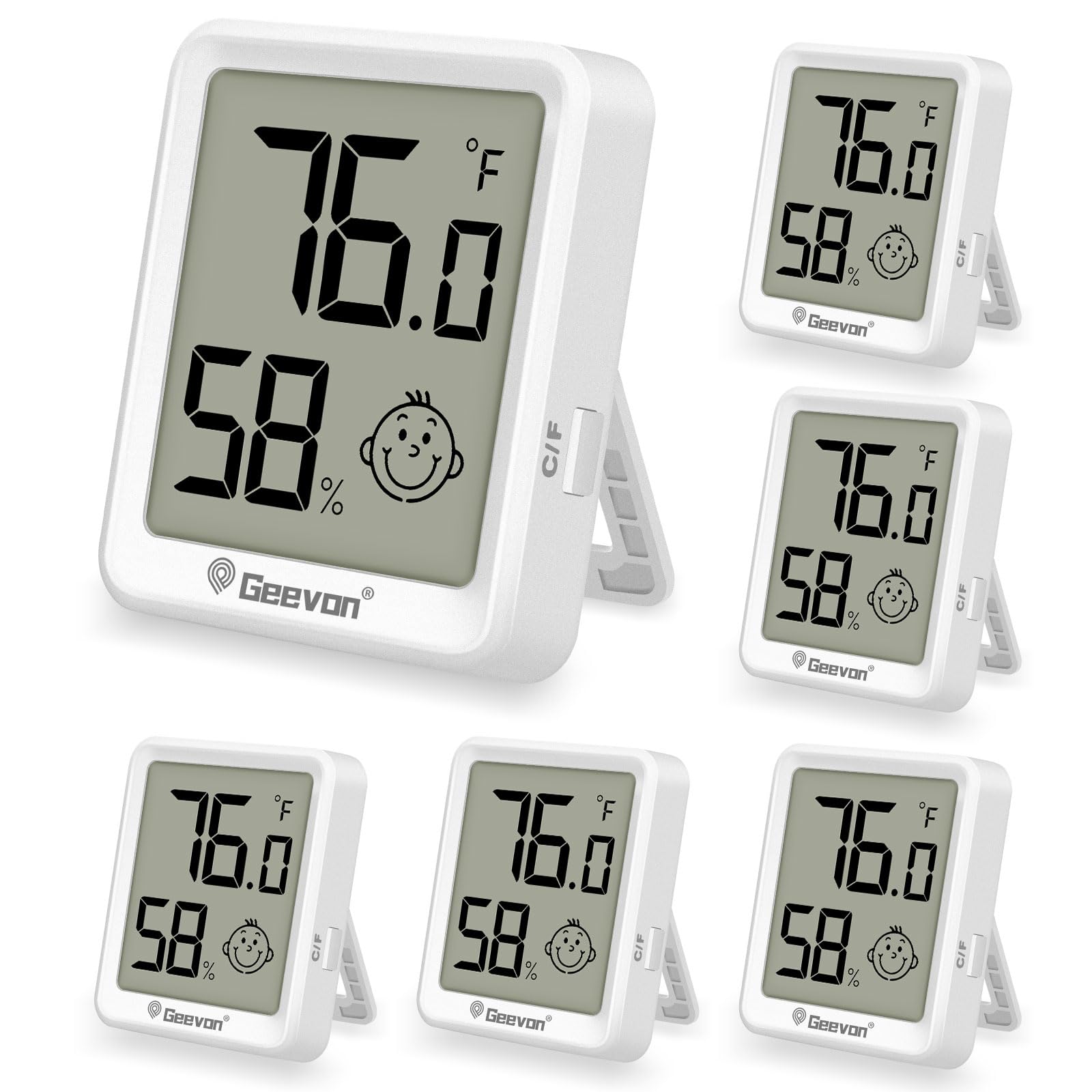 Geevon Termómetro e higrómetro digital inalámbrico para interiores, paquete de 6, con índice de comodidad, pantalla grande de 1.9 pulgadas, conmutación °C/°F, montaje magnético, colgar en la pared, de