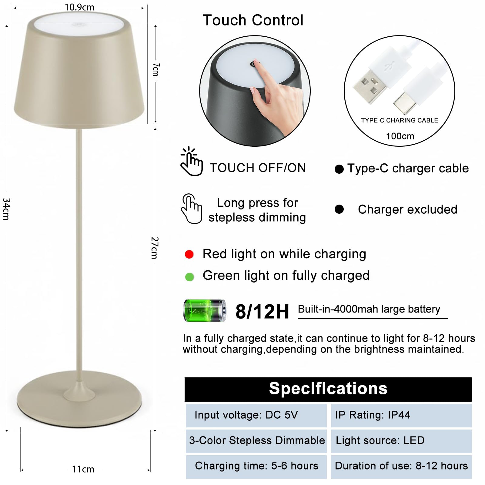 MU LIN 2PZLampada Lampada da Tavolo Ricaricabile e Senza Fili con Controllo Touch, Utilizzabile anche come Lampada da Esterni, Dimmer, 2200-3000 K, Altezza 35 cm, Colore Marrone per ristorante e Casa