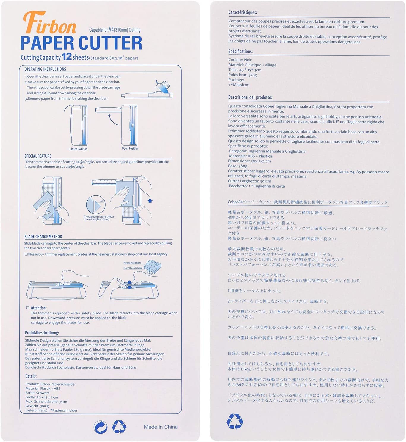 Firbon Tarka do papieru A4, 30 cm, tytanowa, prosta maszyna do cięcia, różowa, z automatyczną ochroną bezpieczeństwa i linijką boczną, wymienne ostrze do kuponu, papieru do majsterkowania, etykiet i zdjęć