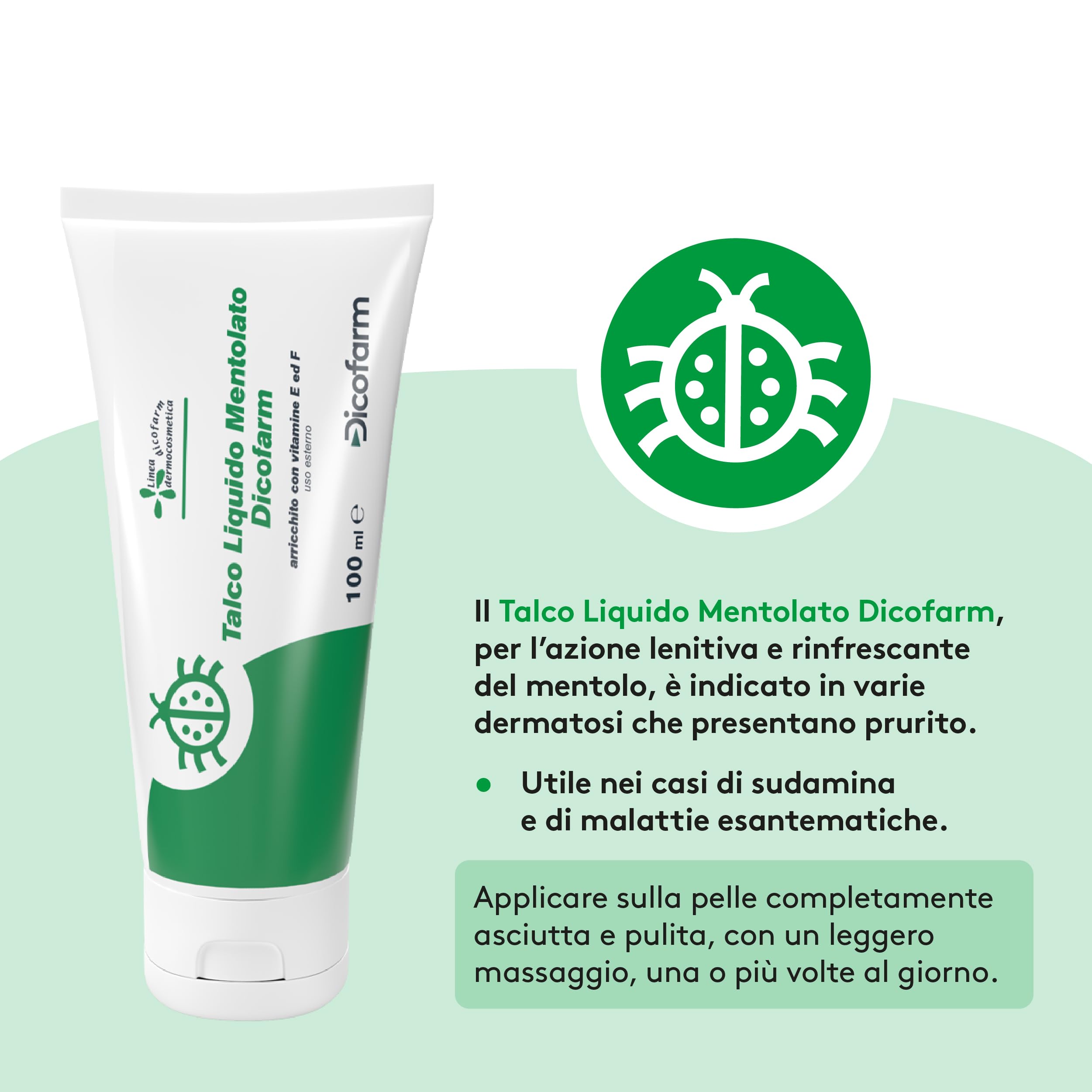 Talco Liquido Mentolato Dicofarm 100 ml | Lenitivo e Rinfrescante con Mentolo | Sollievo da Prurito e Sudamina | Con Vitamina E e F | Pelle Sensibile e Bambini