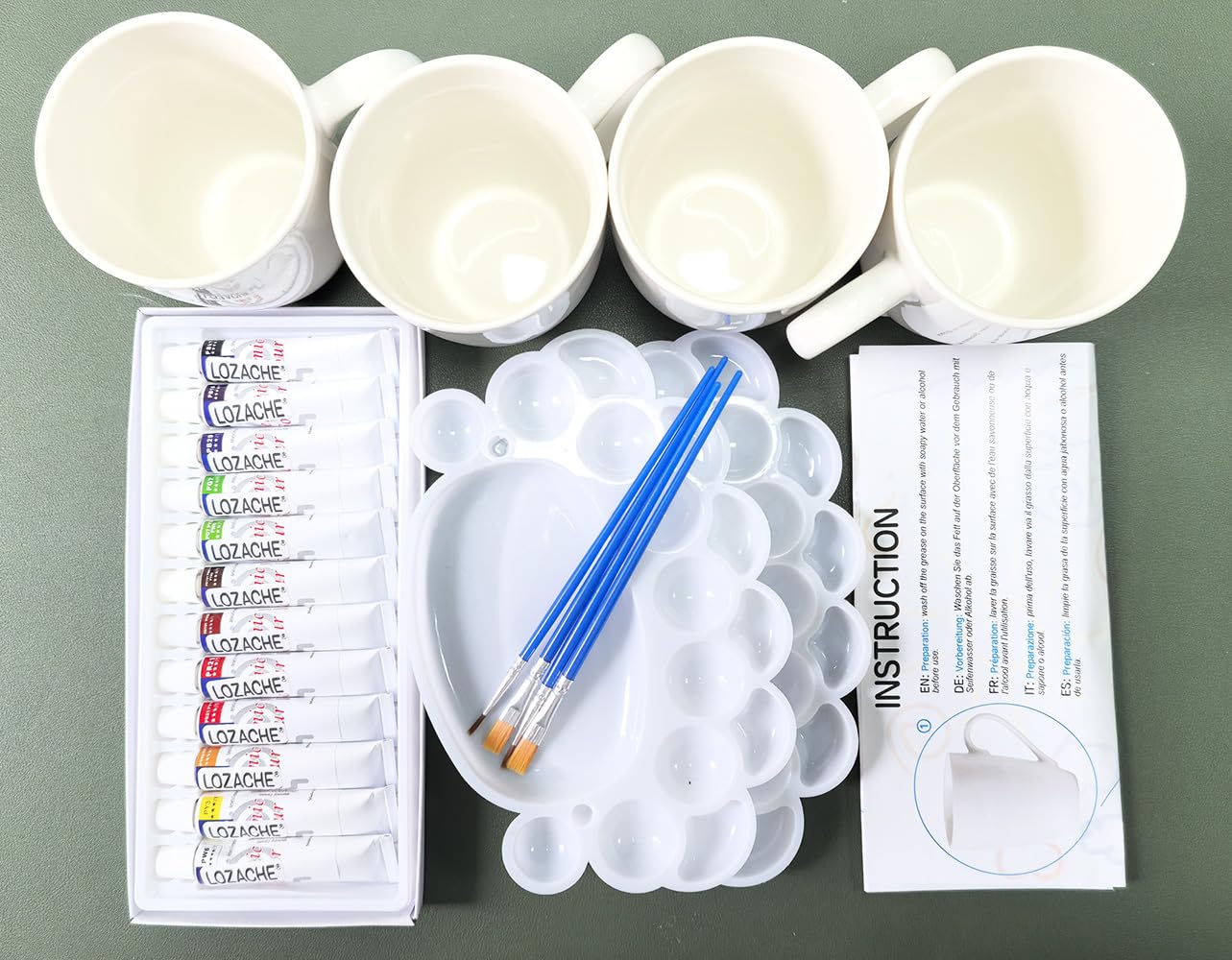 LOZACHE DIY Keramik Tassen Bemalen Set – 4 Tassen zum Selbstgestalten mit 12 Farben, Pinseln & Zubehör – Personalisierbares Bastelset für Erwachsene – DIY Kreatives Geschenk zum Bemalen