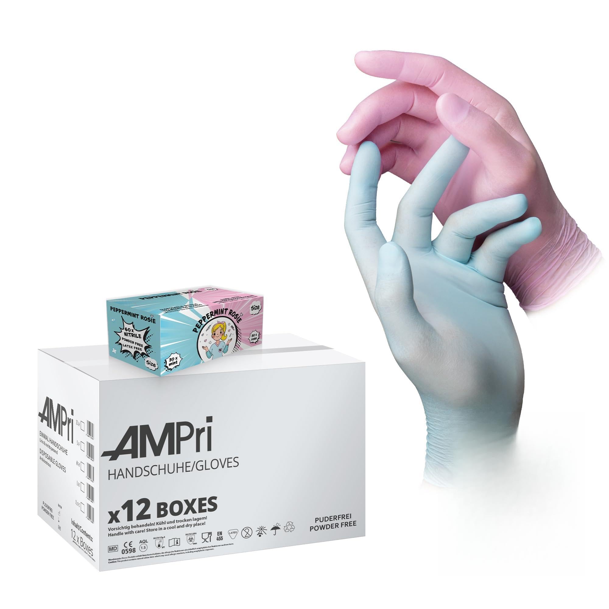 AMPRI Nitrilhandschuhe, mint, rosa, Farbenmix, 12 Box a 60 Stk, Größe L