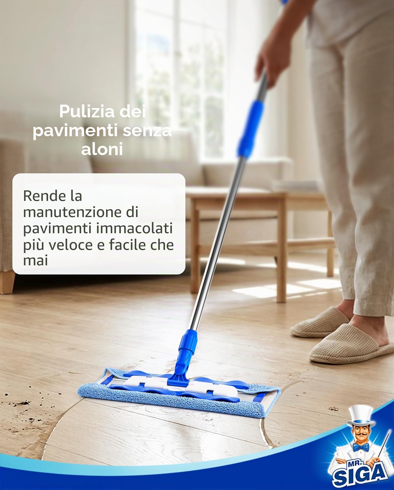 MR.SIGA Mop professionale in microfibra per la pulizia di pavimenti in legno duro, laminato e piastrelle, manico in acciaio inossidabile