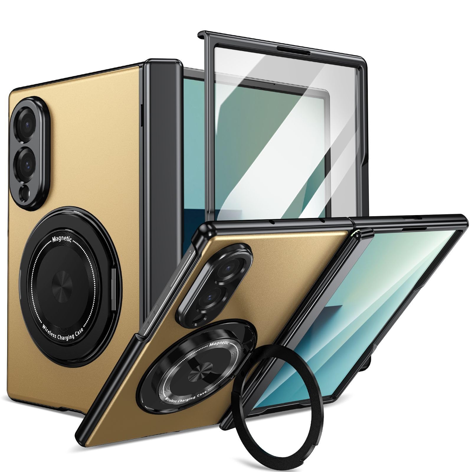 Funda Militar para Samsung Galaxy Z Fold 8, Bisagra, Anillo, Protector | Anillo giratorio magnético y protección de lente. Borde elevado, carcasa PC cool antihuellas(Gold)