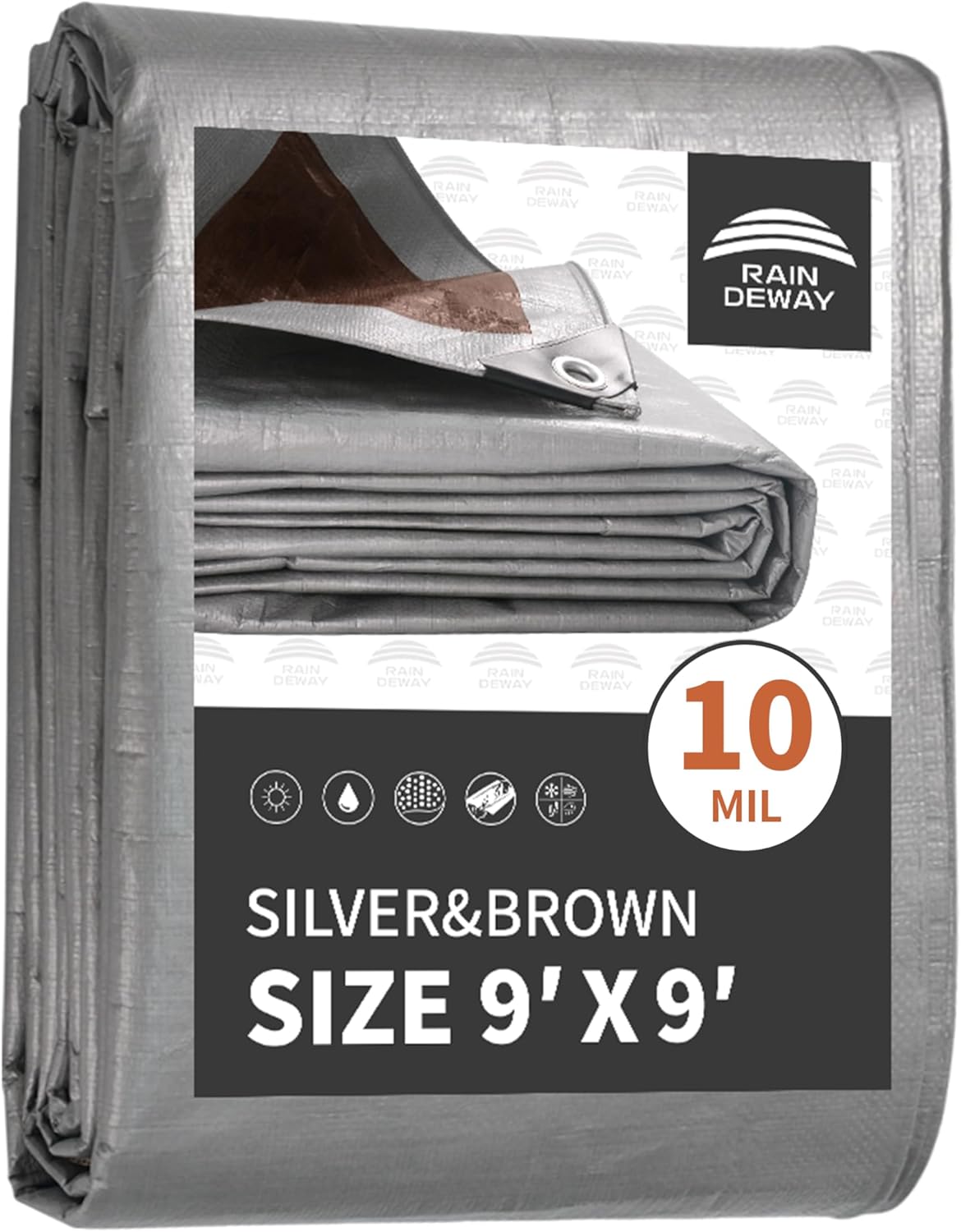 RAINDEWAY Tarps Heavy Duty Waterproof 9x9 Feet, 10Mil Multipurpose Poly Tarp Cover with Metal Grommets and Reinforced Edges, Silver/Brown Tarp 9'×9'-Finished Size Silver/Brown
