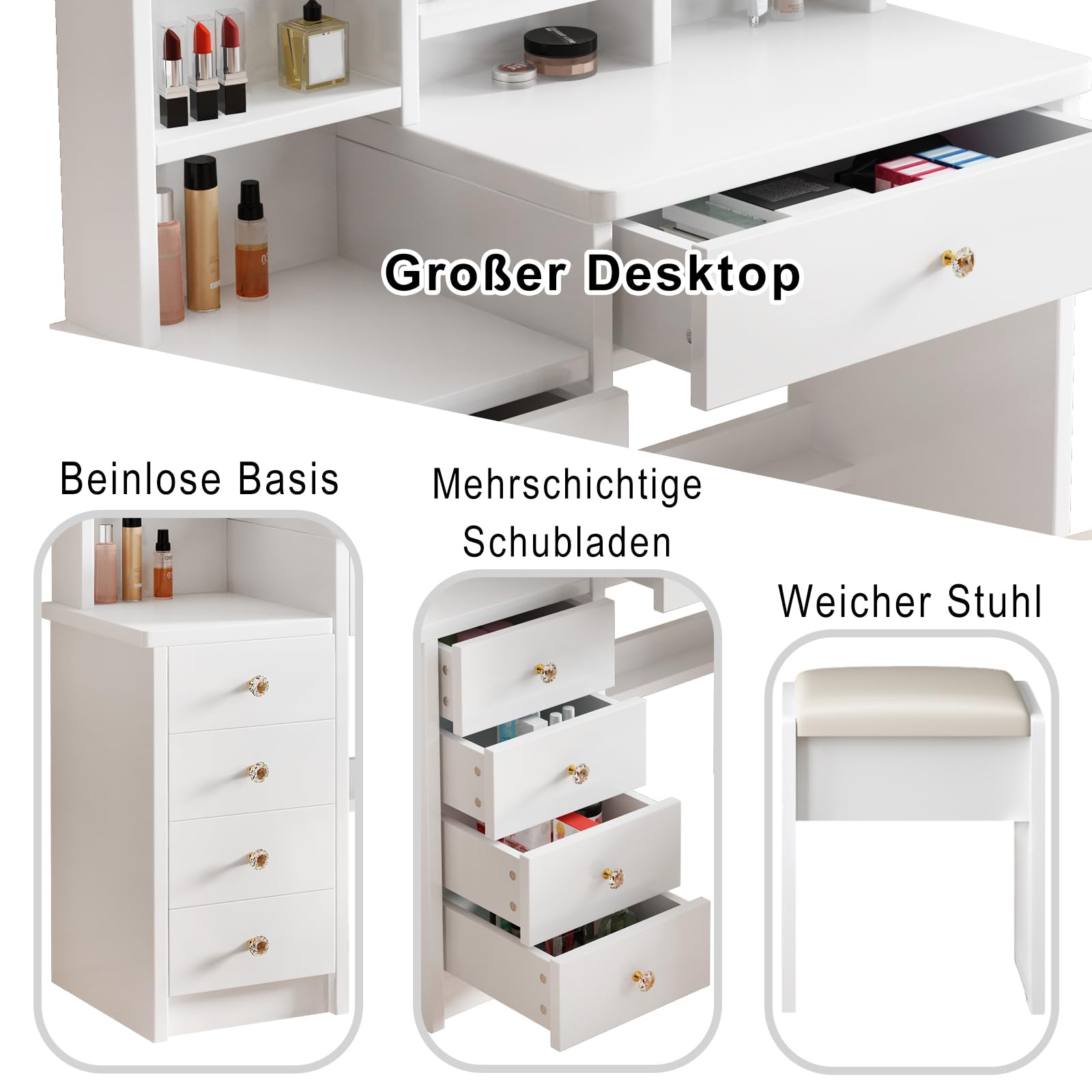YuYe - Tocador con iluminación LED, espejo con brillo ajustable, mesa de maquillaje con silla, tocador con 5 cajones y 3 estantes, moderno escritorio de cosméticos de madera, color blanco (154)