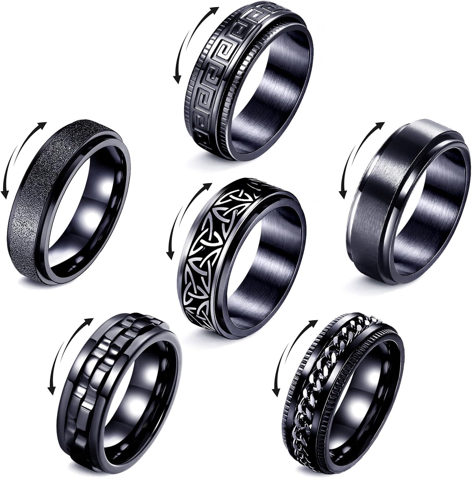 Fidget Rings for Anxiety 4-6pcs Stainless Steel Rings for Men Fidget Ring Black Anxiety Spinner Ring Set for Women Men