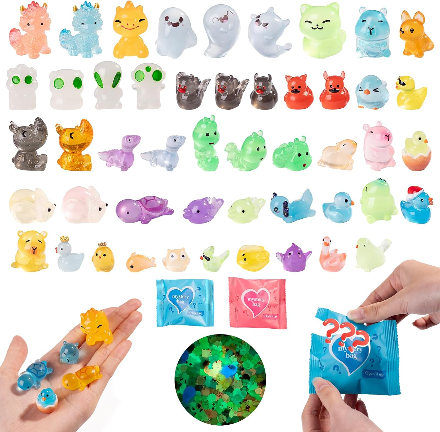50 Pcs Mystery Bag Mini Resin Animals Glow in The Dark Figurines Individually Packaged Blind Bags Cute Collectible Resin for Fairy Garden Accessories, Random Design