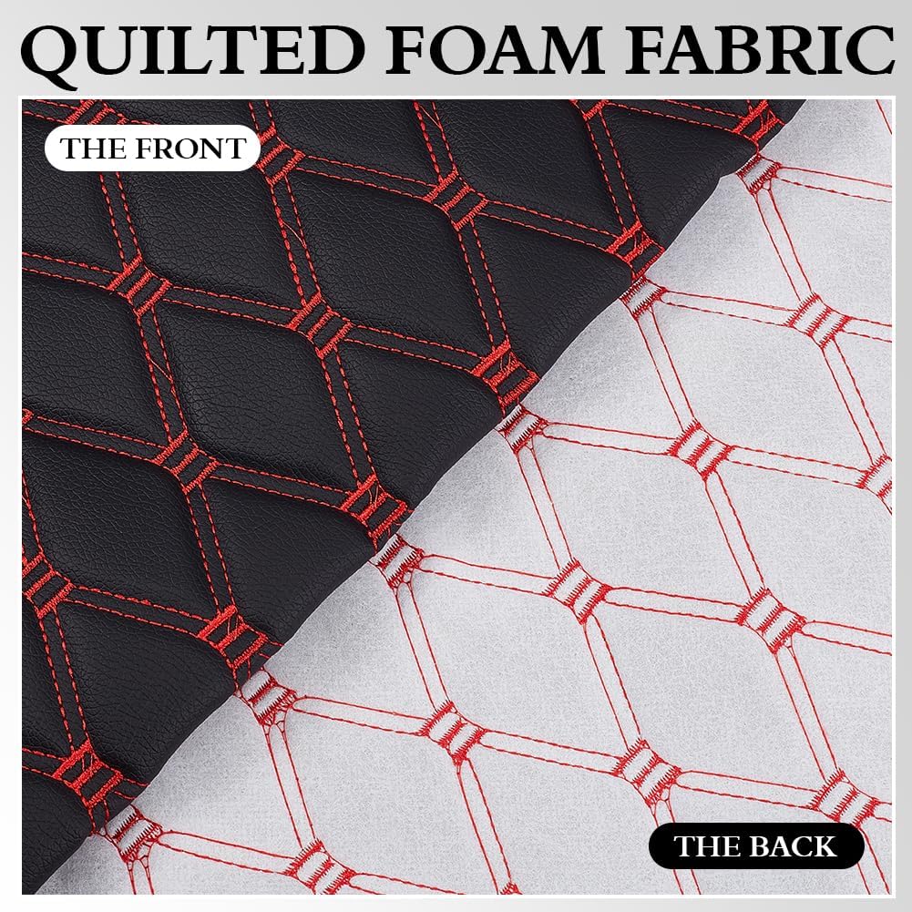 MAYJOYDIY Black Quilted Foam Fabric Faux Leather Fabric 2.1 Yards×61inch Leather Fabrics with Red Stitch for Car Automotive Interior Furniture Upholstery (Fashion Rhombus)