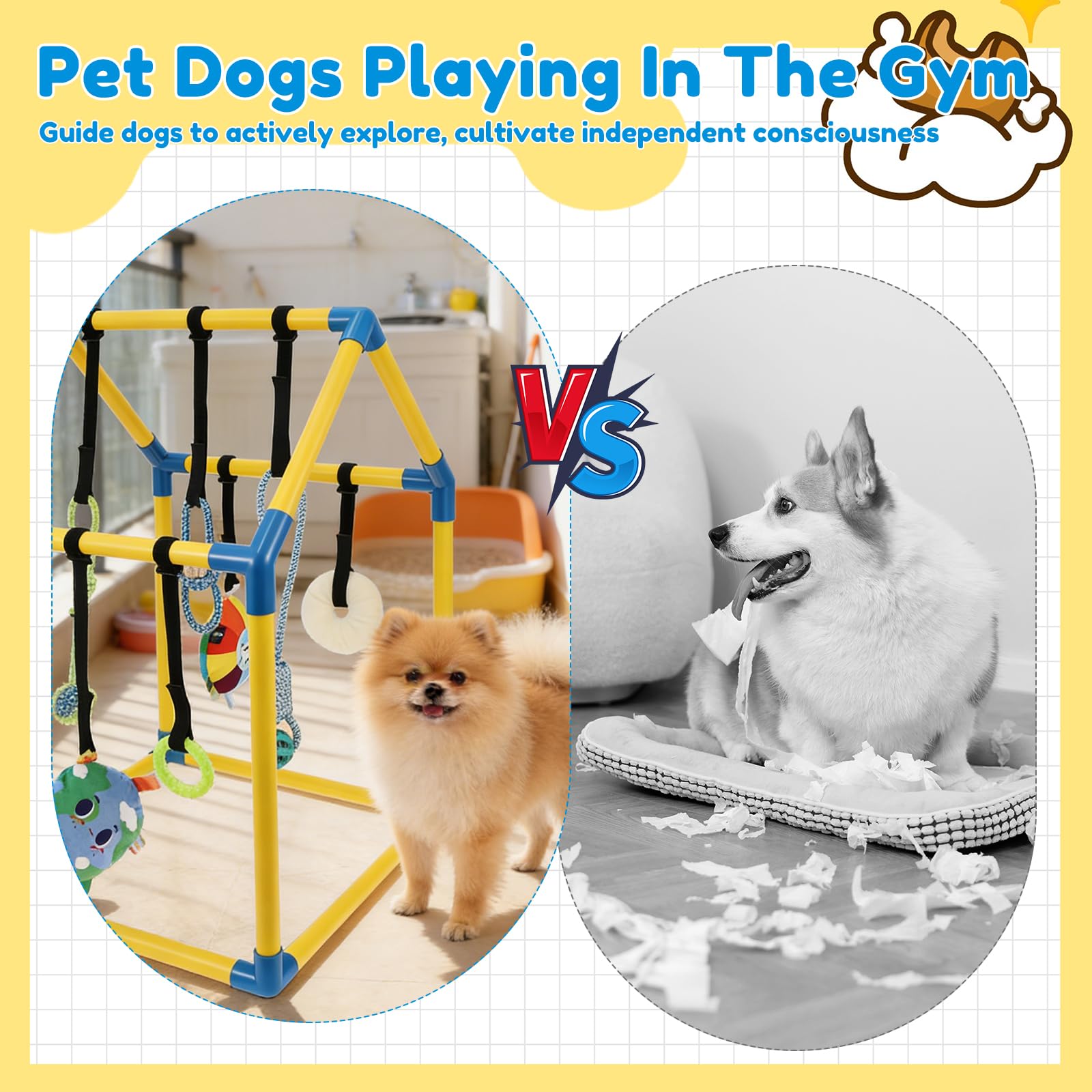 Gimnasio para cachorros con 8 juguetes colgantes, juguete de gimnasia en la selva para perros pequeños con marco de PVC y correa elástica para entretenimiento, dentición divertida y estimulación