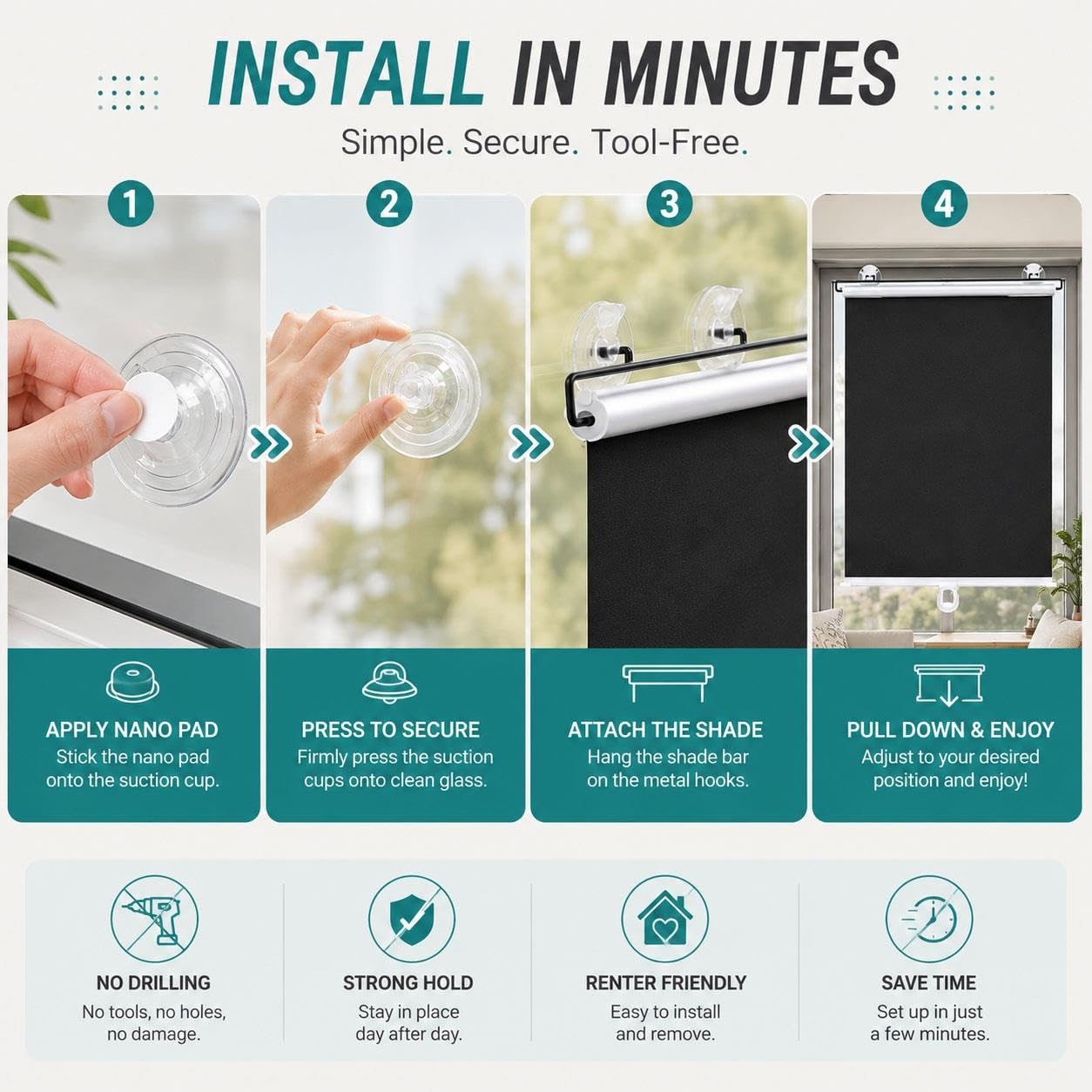Tende Oscuranti Avvolgibili per Finestre Senza Forare, Tende a Ventose Retrattili, Schermo Privacy a Discesa per Camera, Cucina, Ufficio, Appartamento e Porta in Vetro(W 70 x 200 cm)