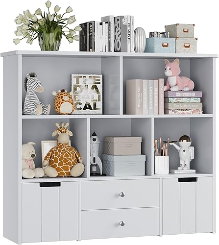 Miniatura 7 de FOTOSOK Organizador de almacenamiento de juguetes con 4 cajones, organizadores de juguetes y almacenamiento con ruedas ocultas y 5 cubos de