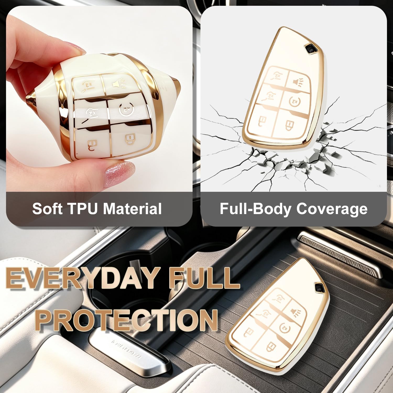 for Chevy GMC Key Fob Cover with Keychain Durable Soft TPU Case Key Shell Compatible with 2021-2027 Tahoe Suburban Silverado Yukon Denali 6-Button Gold/White