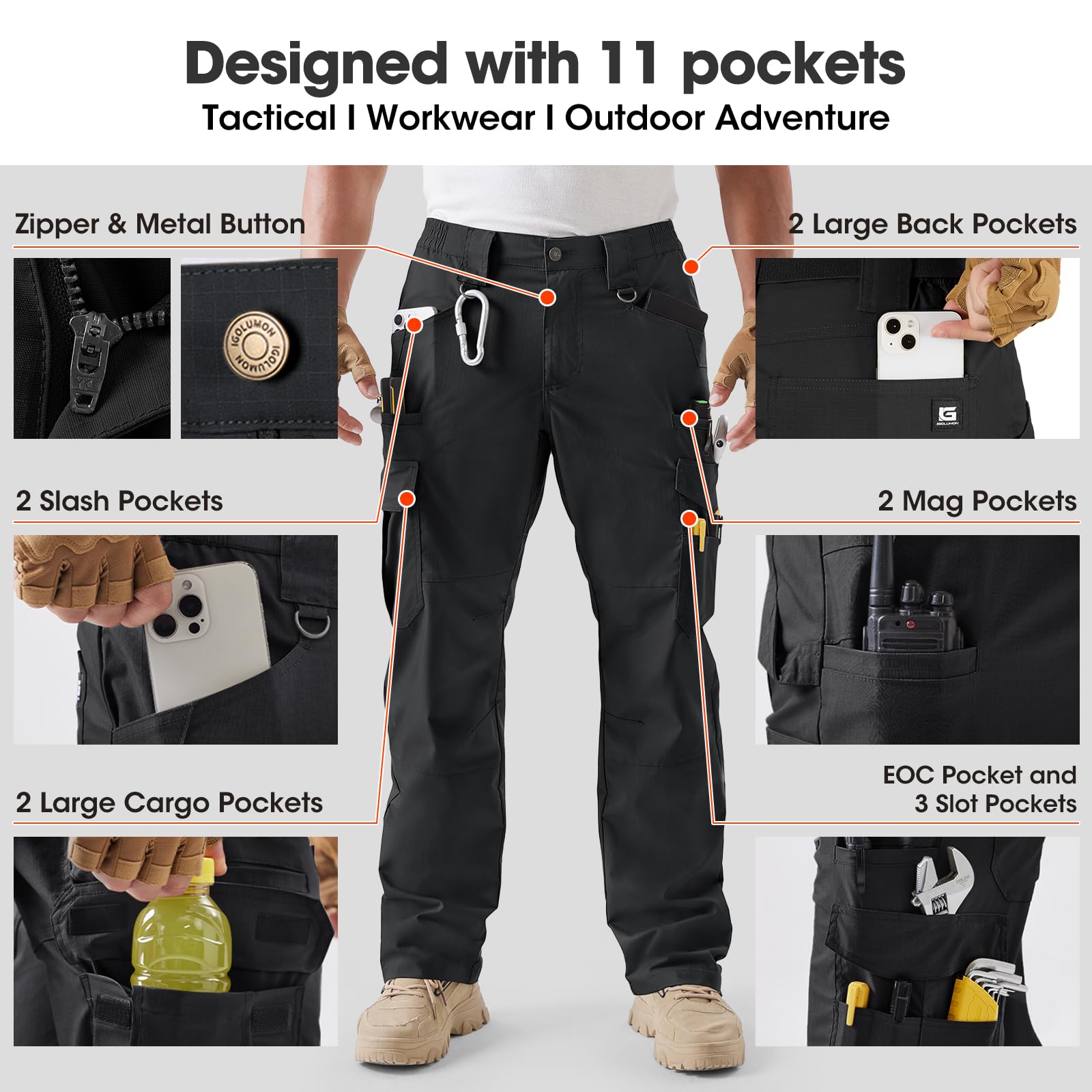 Pantalón de Trabajo Hombre Pantalones Cargo con Tejido elástico Anti-desgarro, Rodillas 3D, Doble Anillo D, Cintura elástica y Cremallera YKK para Construcción, Bricolaje y Outdoor