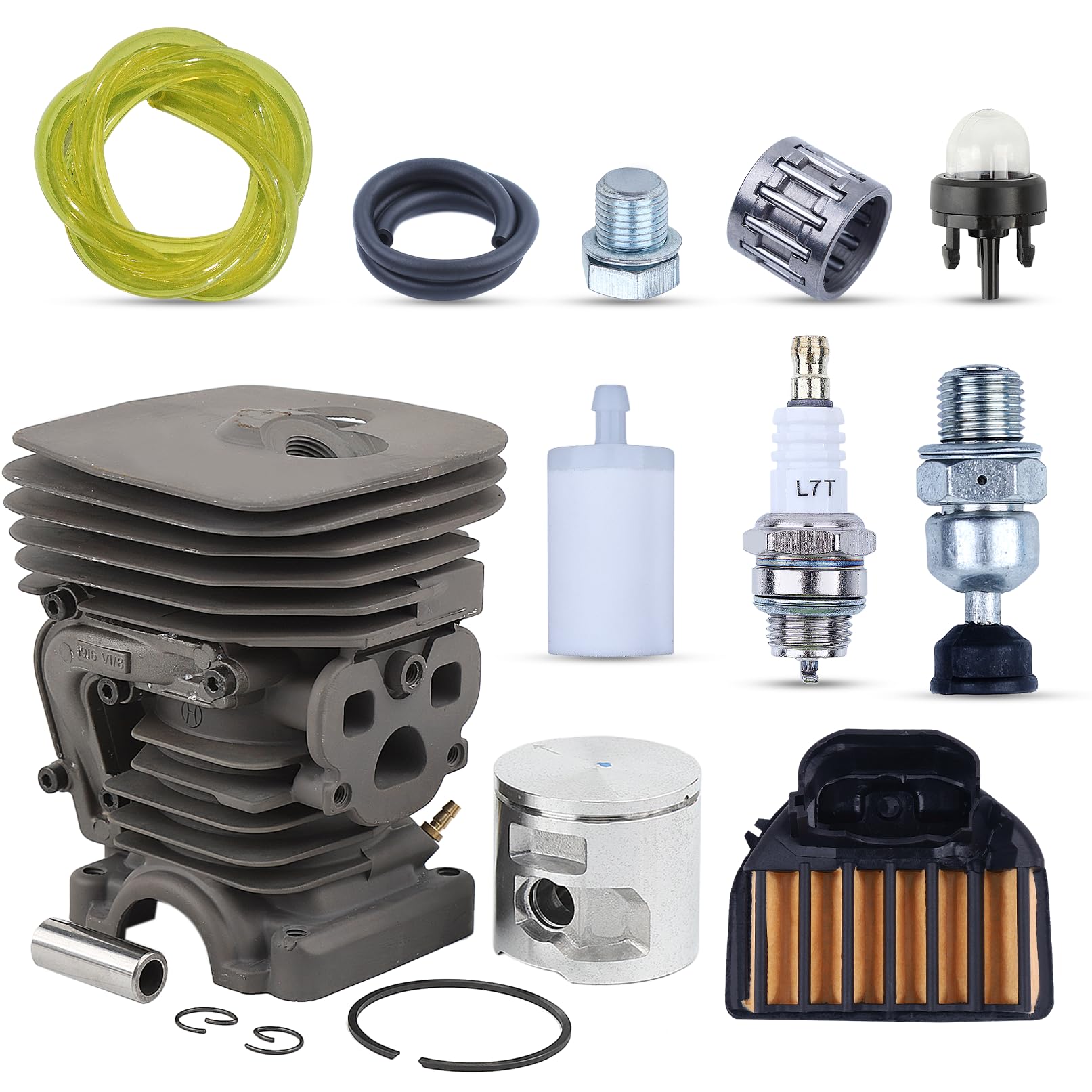 Kit Pistone e Cilindro per Husqvarna 455 460 Rancher, Ricambi Motosega 47mm Cilindro + Pistone + Filtro Aria + Candela + Tubo del Carburante Accessorio Pezzi 15 in 1