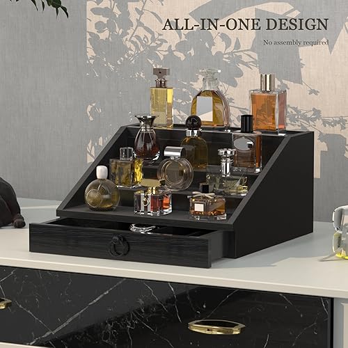 Miniatura 7 de Wooden Cologne Organizer for Men Enhanced 4 Tier Cologne Stand Shelf Perfume Organizer with Velvet Lined Drawer & Hidden Storage Perfume Display