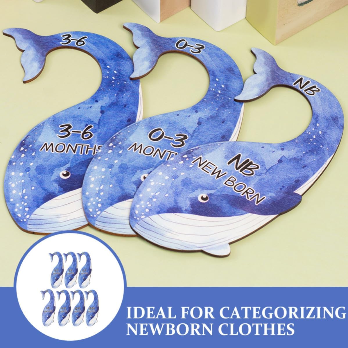 Levemolo 7pcs Blue Wooden Clothes Hanger Dividers with Cartoon Whale Design for Nursery Closet Organizer, Safe and Sturdy Clothing Dividers for Categorizing Newborn Clothes