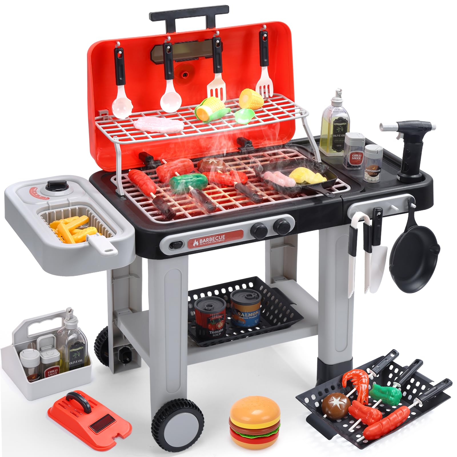 CUTE STONE Barbacoa de Juguete para niños con Comida Que Cambia de Color, Sonidos, Luces, Vapor, Juego de Cocina con Parrilla y sartén, Barbacoa de 2 Niveles con Ruedas – Regalo Ideal