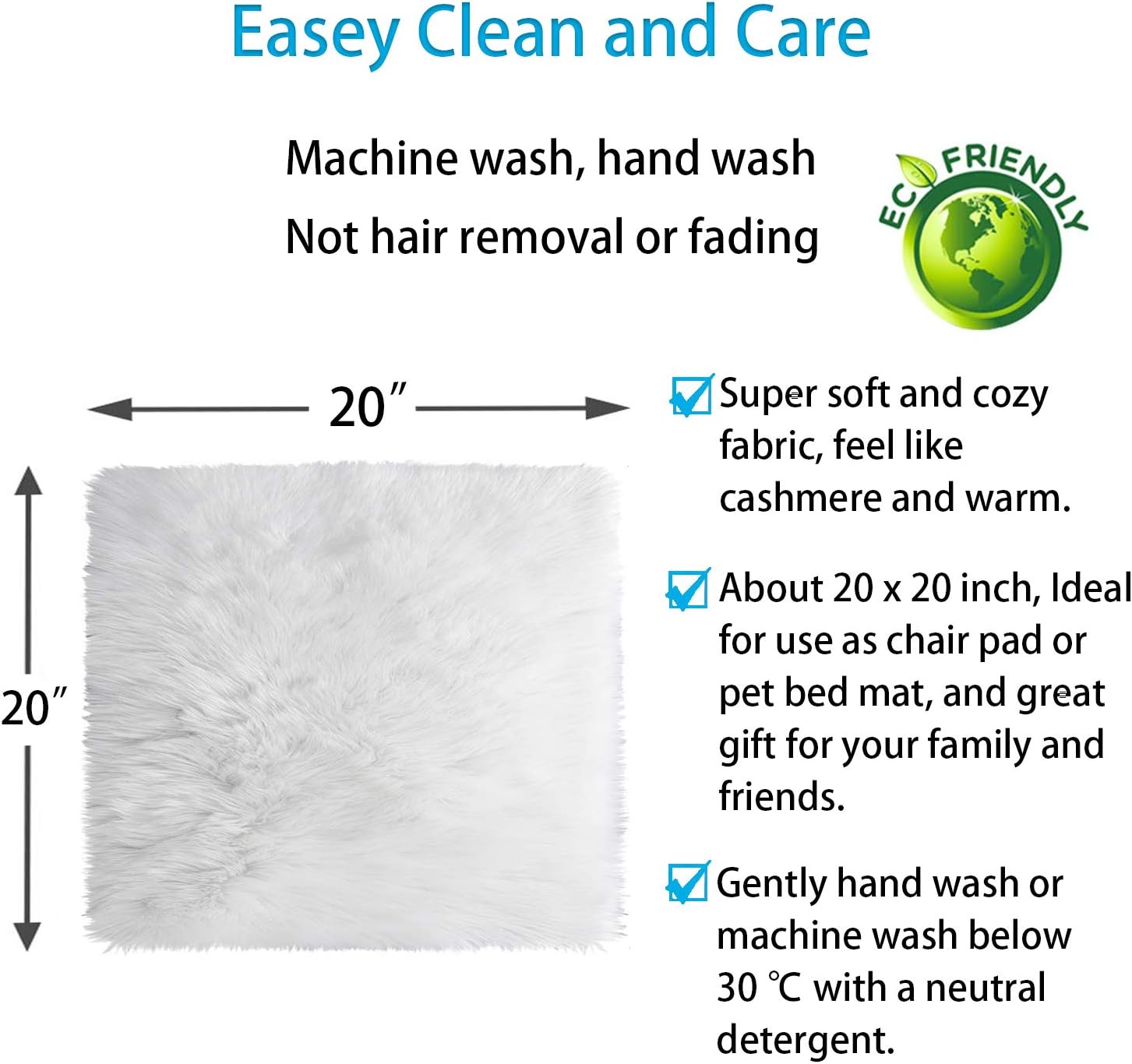 Fur Chair Cushion 20 x 20 inch, [2 Pack] Square Fur Seat Cushion, Super Soft Faux Sheepskin Chair Cover Seat Pad, White Fluffy Rug for Children's Room, Dog/Cat Bed Mat, Bedroom, Sofa and more